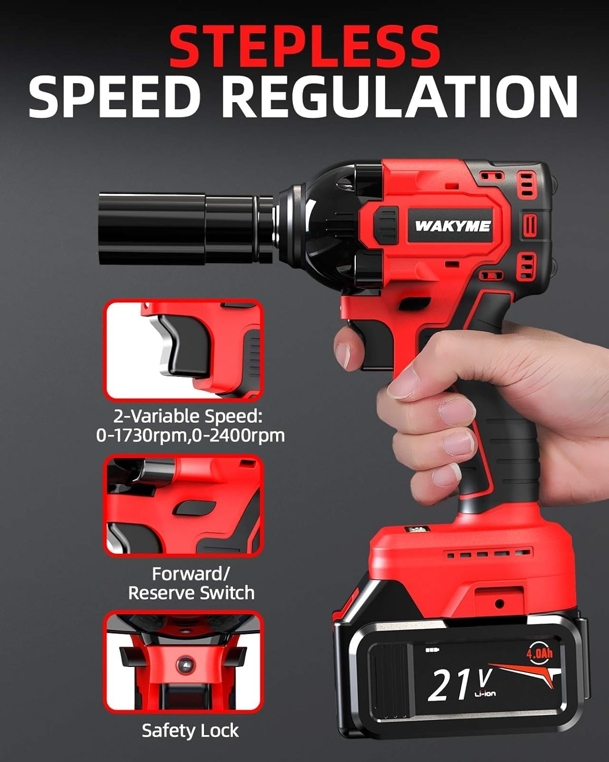 WAKYME 21V MAX Cordless Impact Wrench Kit, 1/2" Brushless Compact Wrench Power Tool Kit, TWO 4.0AH Li-Ion Battery, 7Pcs Driver Impact Sockets, Fast Charger, Belt Clip, Tool Box (250 Ft-Lb Torque) image number 5