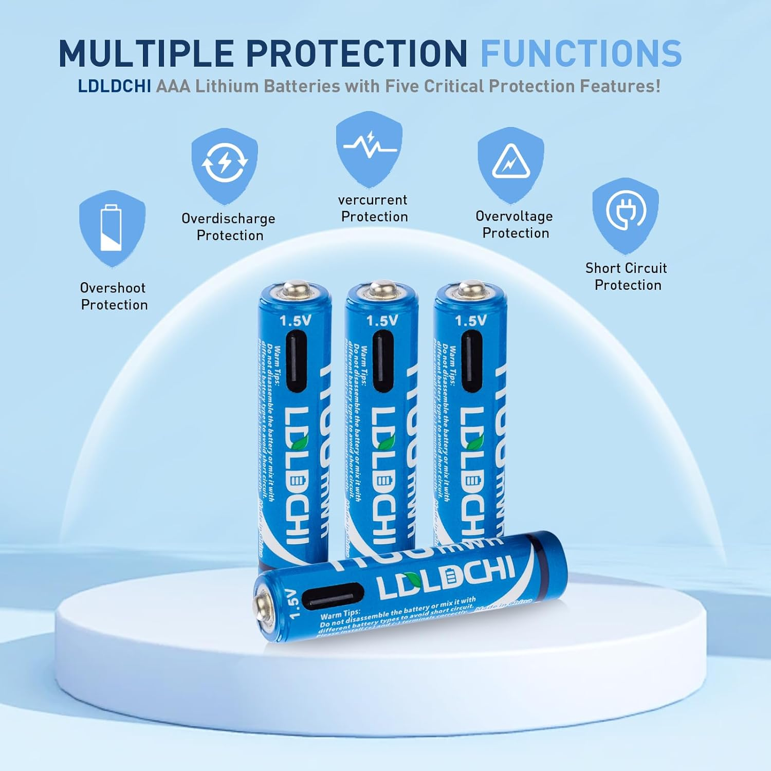 AAA Rechargeable Batteries 1.5V &ndash; 4 Pack Lithium, 1100Mwh High Capacity, 1000+ Cycles, with 4-In-1 USB Charging Cable image number 1