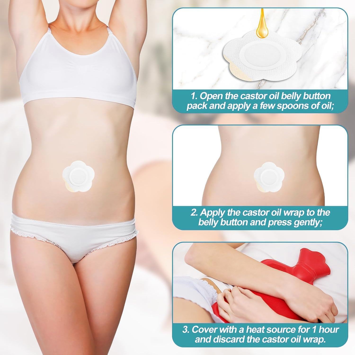 50Pcs Castor Oil Pack Wrap for Belly Button, 6Cm Non-Woven Castor Oil Patches, Self Adhesive Belly Button Patch, Highly Absorbent Castor Oil Patches for Work Sleep (Without Oil) (8CM) image number 3