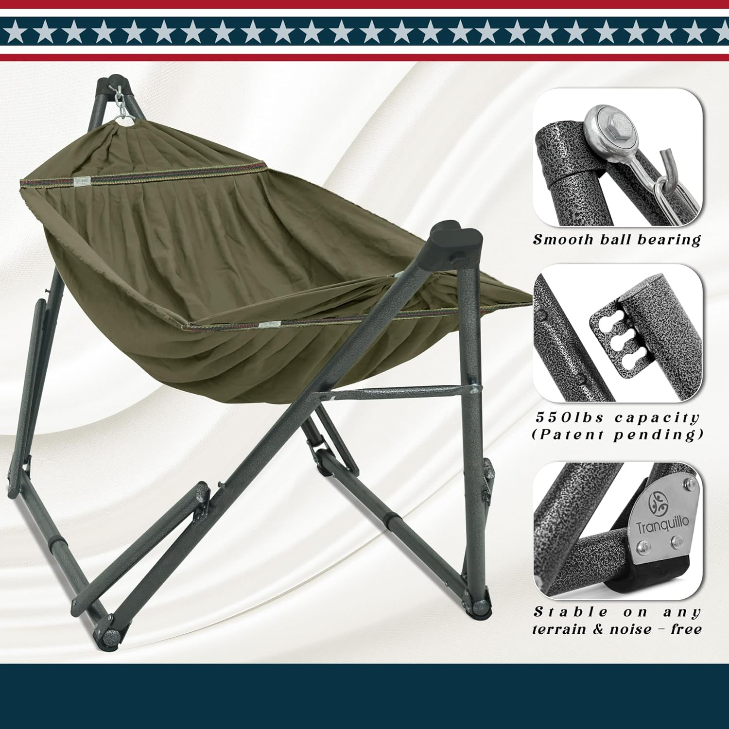 Tranquillo Uniki 3-Year Warranty Hammock Stand, 30S Foldable Hammock with Stand, 550 Lbs Capacity Camping Hammock Stand (Steel, Sage) image number 4