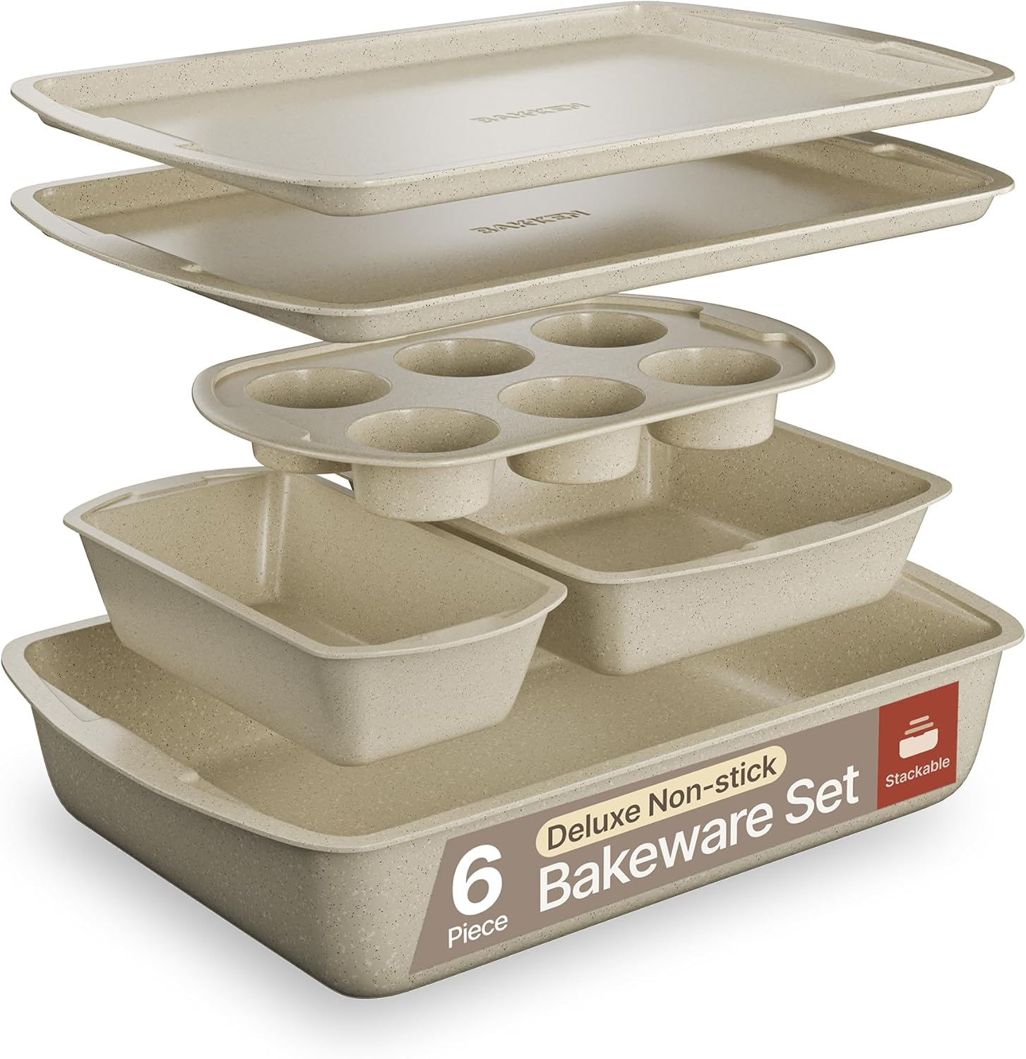 Bakken Swiss - Bakeware Set &ndash; 6 Piece &ndash; Stackable, Deluxe, Non-Stick Baking Pans for Professional and Home Cooking &ndash; Carbon Steel, Gray Stone Coating