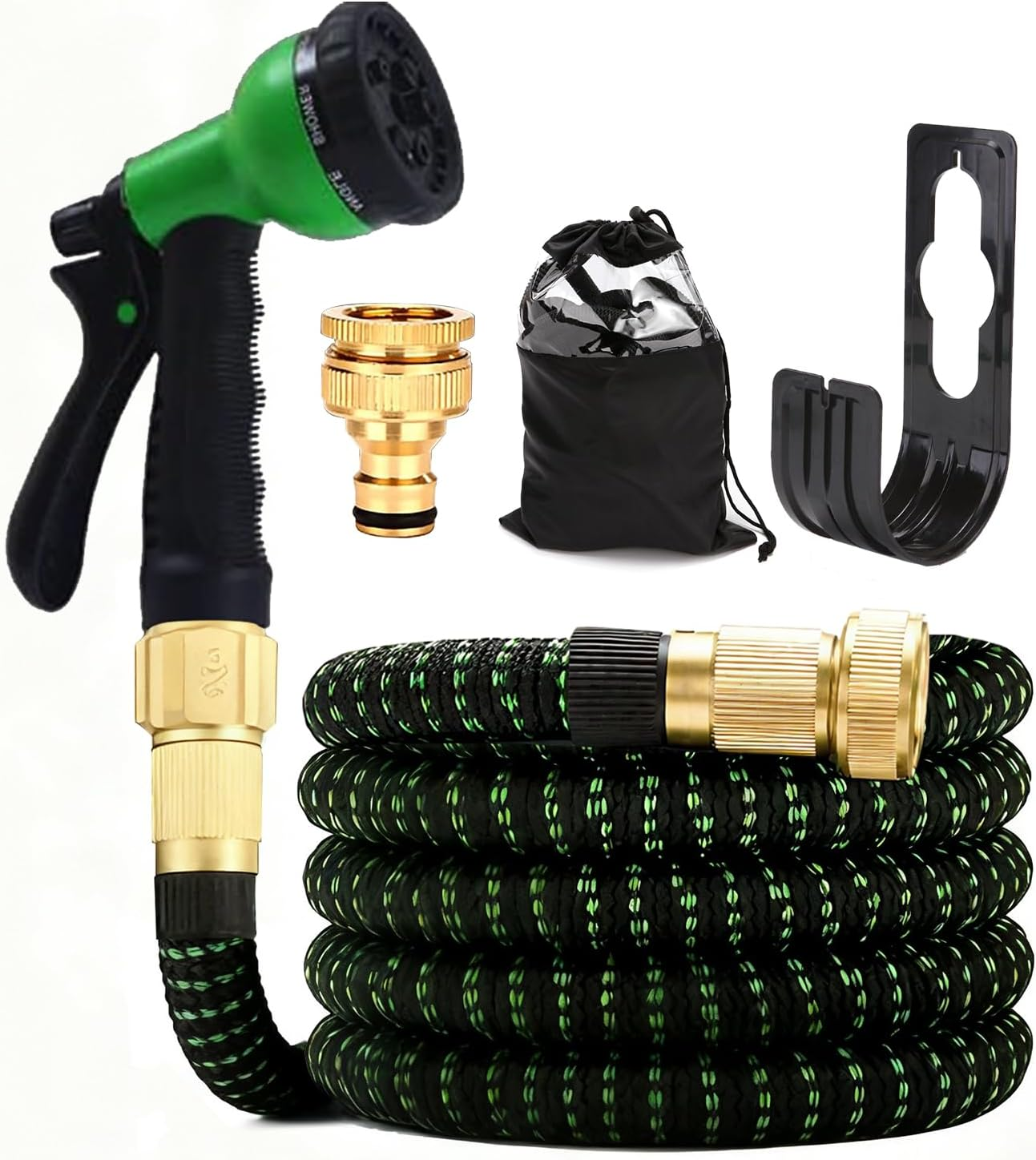 50Ft Garden Hose 15M Water Hose, with 8 Function Spray Nozzle, 1/2 Inch & 3/4 Inch Convertible Connectors, 15M Stretch Garden Hose Ideal for Car Wash & Garden