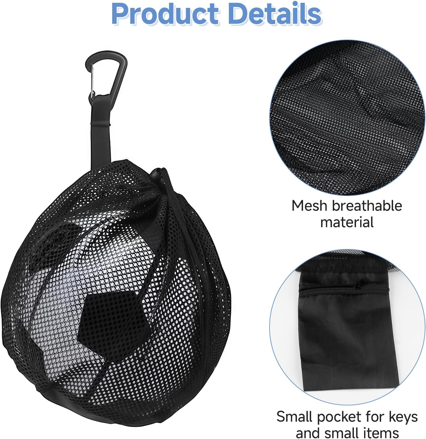 Teccfly Sports Ball Mesh Bag with Zipper Pocket, Durable Drawstring Backpack for Basketball Football Volleyball Soccer, Portable Ball Bag for Training Games Gym, Lightweight Basketball Backpack(Black) image number 6