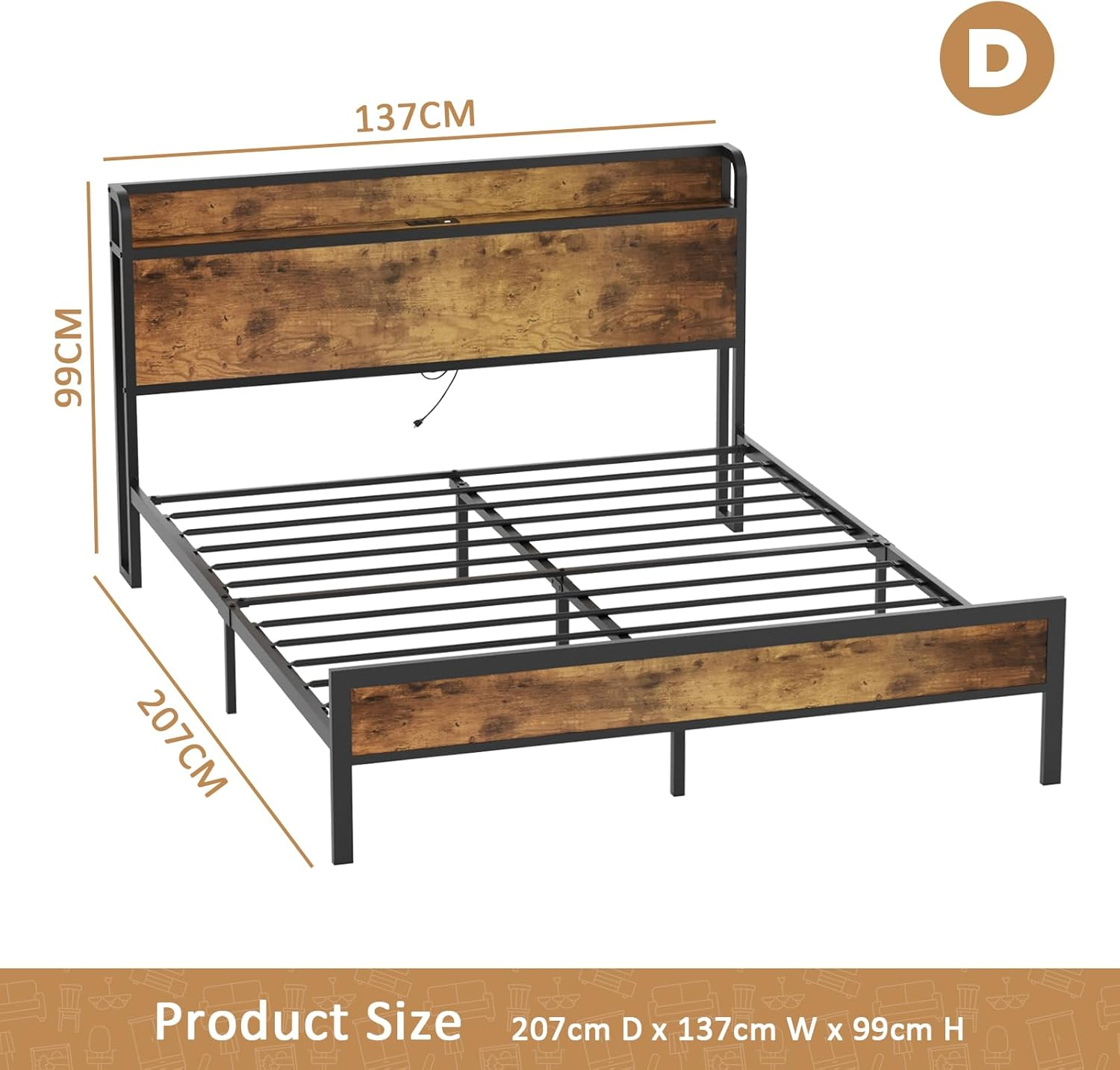 ADVWIN Double Size Bed Frame, Storage Headboard with Charging Station, Industrial Upholstered Platform Bed with Metal Mattress Base Support, No Box Spring Needed, Rustic Brown image number 5