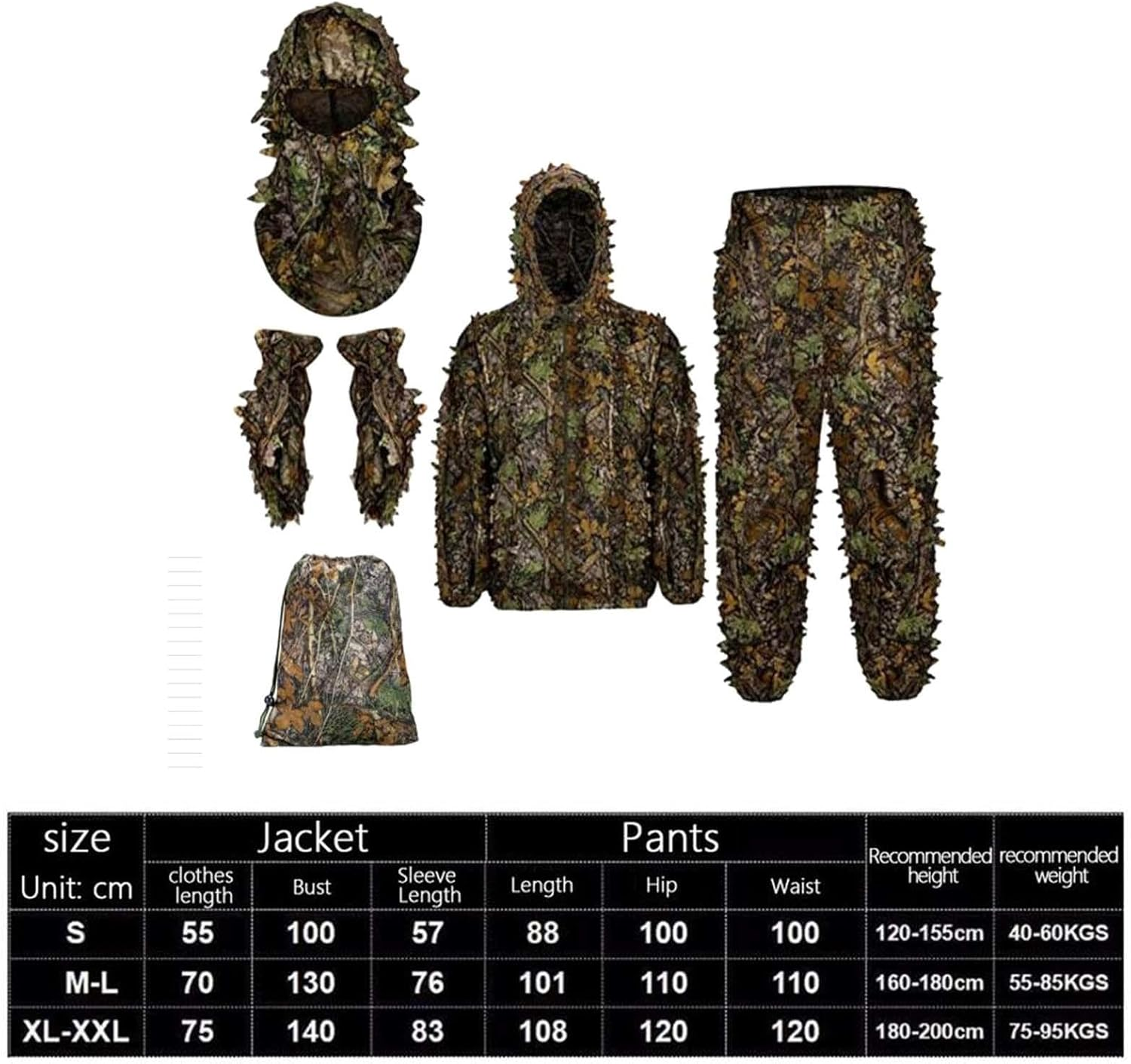 TOOYFUL Ghillie Suit for Men Full Face Mask Gloves Set Hood Jacket Lightweight 3D Leafy Camo Suit for Outdoor Bird Watching Photography Accessories, M L