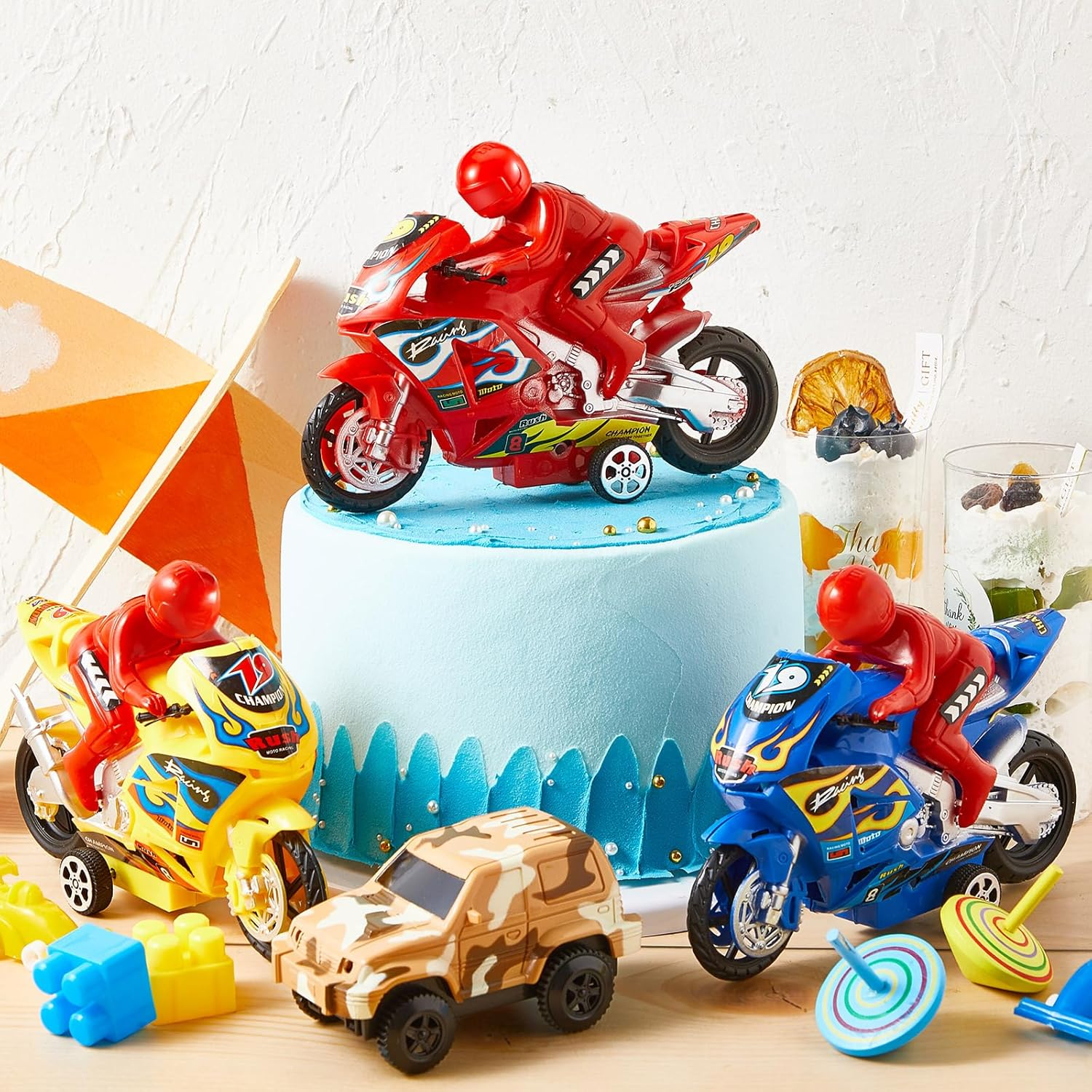 Civaner 4 Pieces Motorcycle Toys Set Miniature Motorbike Toys Plastic Friction Motorcycles Push and Go Friction Powered Toy Motorbikes for Birthday Party Favors Supplies Cake Toppers, Random Colors image number 1