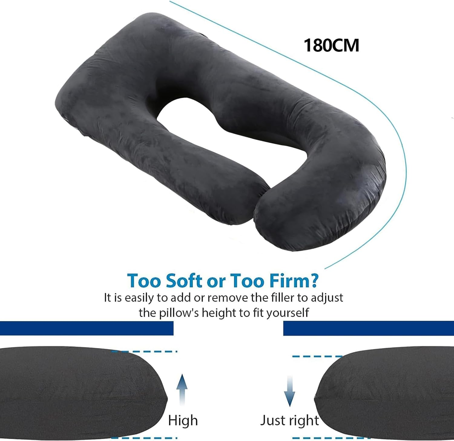 Pregnancy Pillows, 180Cm Long Maternity Pillows, U-Shape Full Body Pillow, Cooling Cover Blue&Grey, Pregnancy Pillows for Sleeping, Body Pillows, Maternity Pillow - Black image number 3