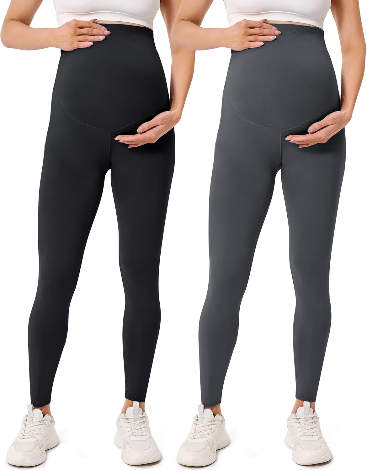 BAYDI Creamlush Women'S Pregnancy Leggings with Adjustable Abdominal Support, Soft High Waist Maternity Leggings, Opaque Maternity Trousers, Comfortable for Yoga, Leisure, Pyjamas, 2 Pack - Black/Dark image number 2