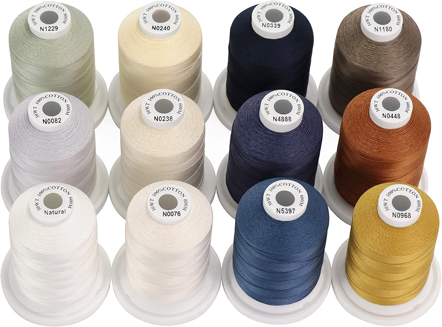 New Brothread 12 Neutral&Jean Colors Multi-Purpose 100% Mercerized Cotton Threads 30WT(50S/3) 600M(660Y) Each Spool for Quilting, Sewing and Embroidery