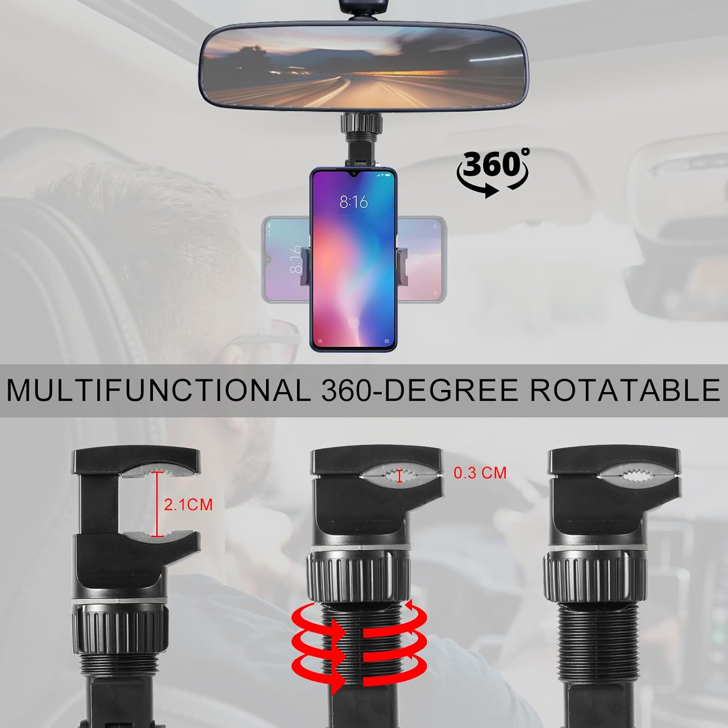 XIHIRCD 360 Degree Rotatable for Your Car Phone Holder Mount, Rotatogrip Smartphone Holder Multifunctional Rear Rotato Grip Phone Holder Rearview Mirror Phone Accessories image number 2