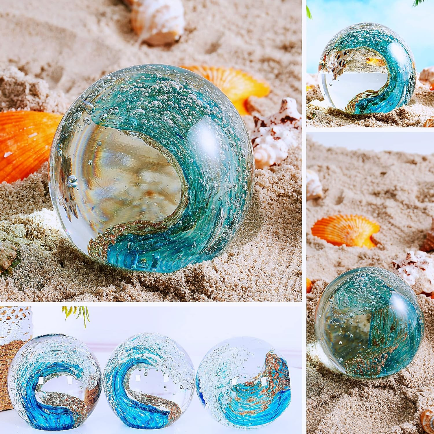 EUSTUMA Hand Blown Glass Figurines Ball Ocean Waves,Office Paperweight Glass for Desk,Home Decor Collectible,Aquarium Decor,Office Decor Ocean Lovers (Waves) - Wave Paperweight image number 4
