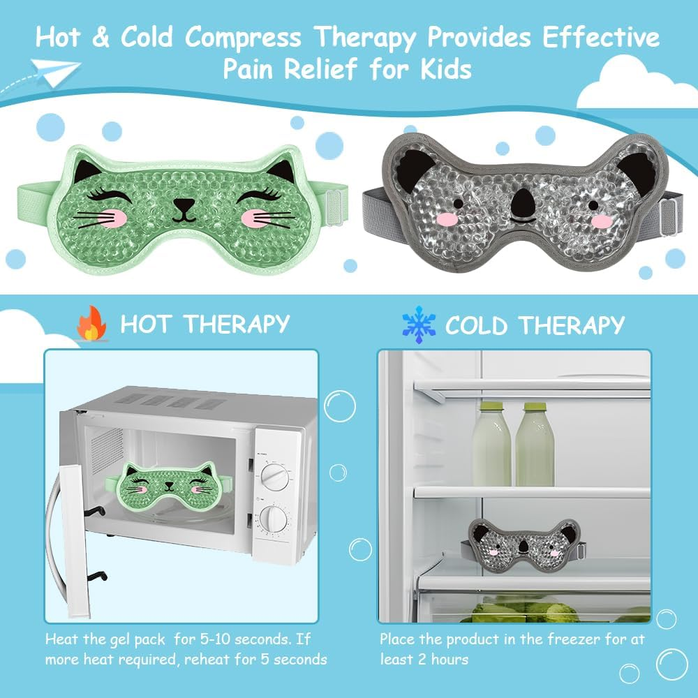 CONBELLA Kids Ice Packs 2 Packs Cooling Eye Mask with Soft Plush Backing for Children Boo Boos Sinus Headache Fever Patch for Kids (Green+Grey) image number 6