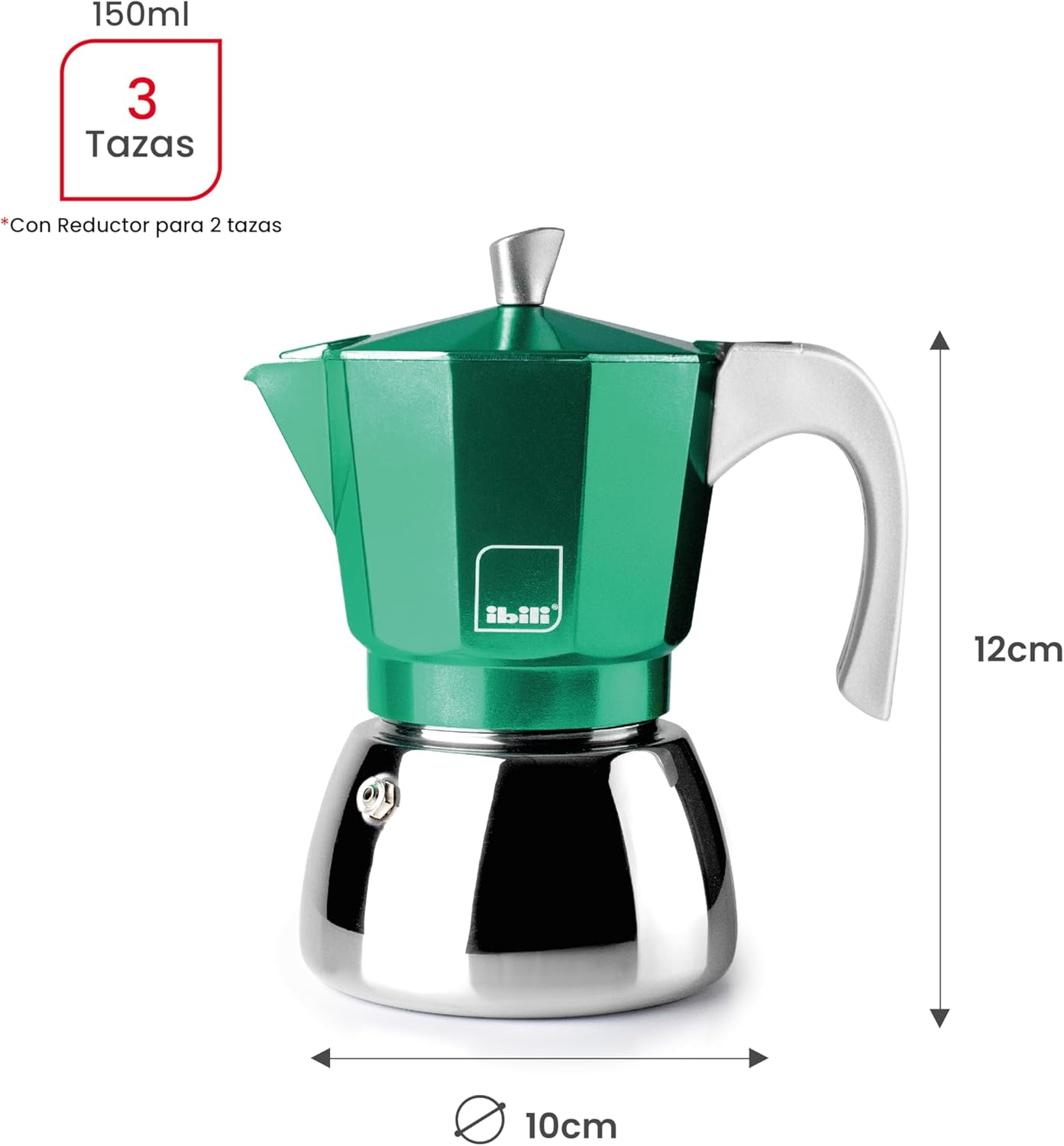 IBILI - Elba Green Espresso Machine, 3 Cups, 150 Ml, Cast Aluminium, Stainless Steel Base, with Reducer for 2 Cups, Suitable for Induction image number 5