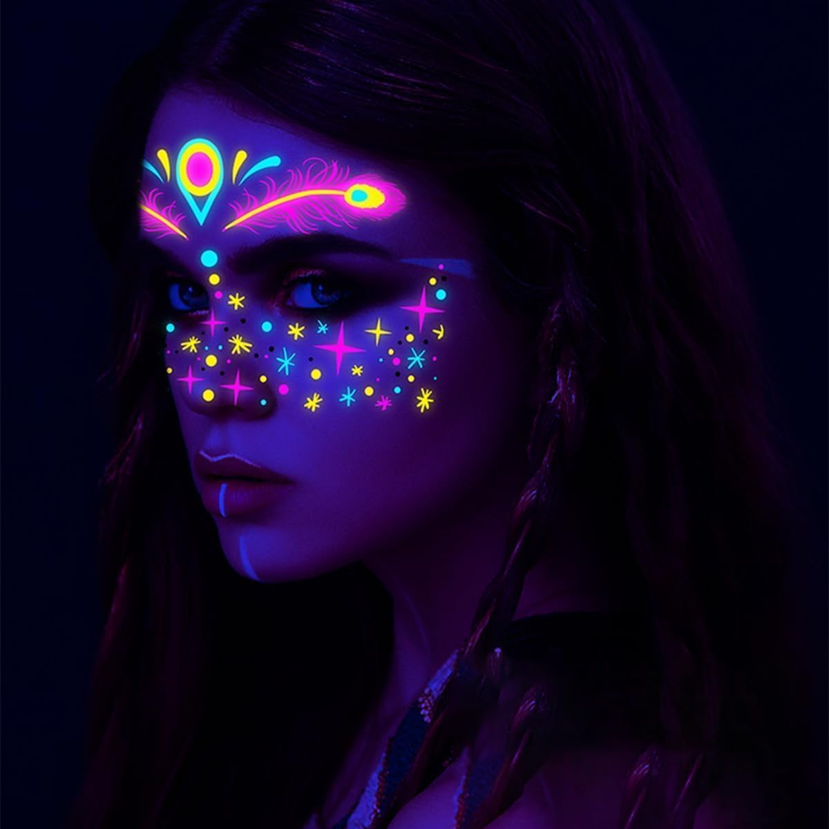 Luminous Face Tattoo Stickers Body Glow in the Dark Fluorescent Face Rhinestone Tattoo Temporary Tattoo Sparkly UV Neon Mask Tattoo Rave Festival Accessory Party (8 PCS) image number 1