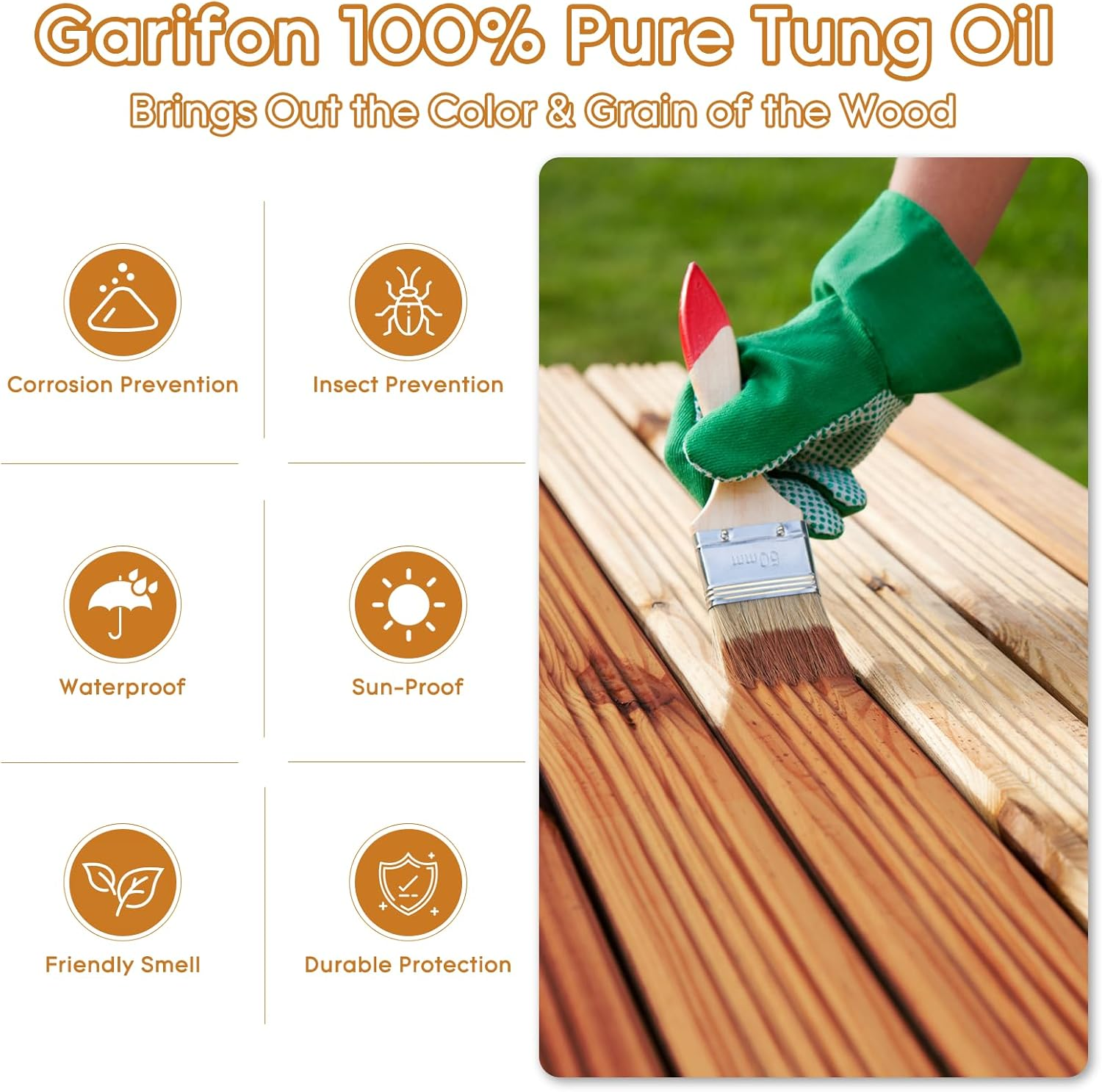 947Ml Tung Oil for Outdoor Furniture, Cutting Board, Food Grade Wood Sealer, Safe Finish for Indoor/Teak - 32Oz Pure, 100% Natural image number 3