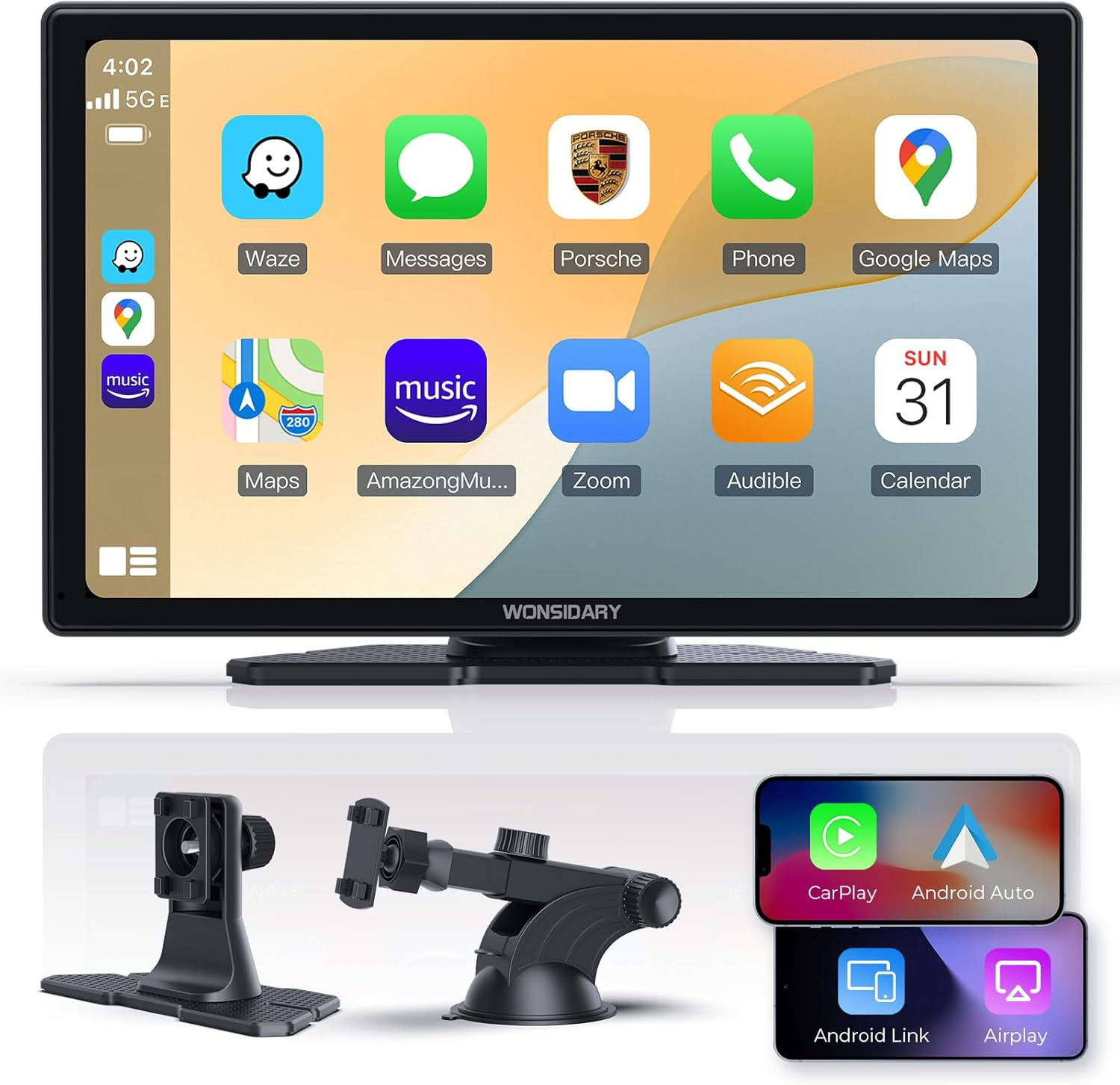 Wonsidary 9" Carplay Screen for Car,Wireless/Wired Apple Carplay,Android Auto and Mirror Link,Ips Touch Screen Portable Car Stereo with Light Sensitive,Bluetooth Audio,Siri,Navigation for All Vehicles image number 4