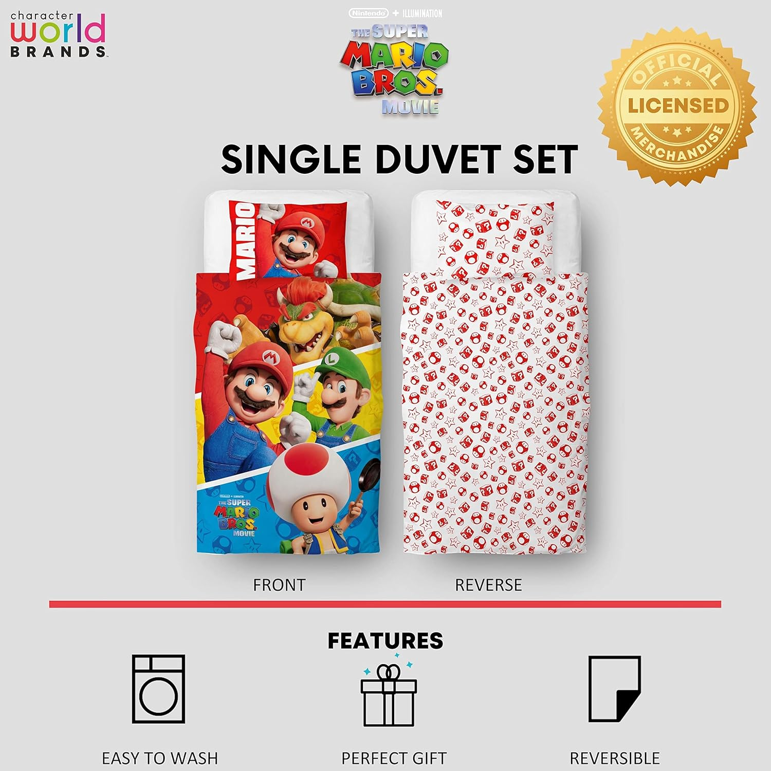 Character World Nintendo Super Mario Movie Official Single Childs Duvet Cover Set | Jump Design Reversible 2 Sided Bedding Including Matching Pillow Case Brands Single Bed Set | Polycotton image number 4