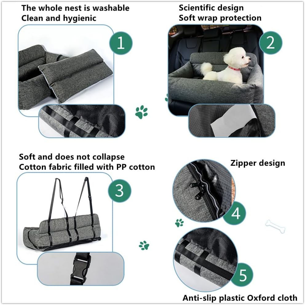 MIDAGAS Dog Car Seat, Detachable and Washable Pet Car Seat, Portable Dog Booster Seat, Dog Car Travel Carrier Bed with Storage Pockets and Clip-On Leash, Perfect for Medium and Large Dogs