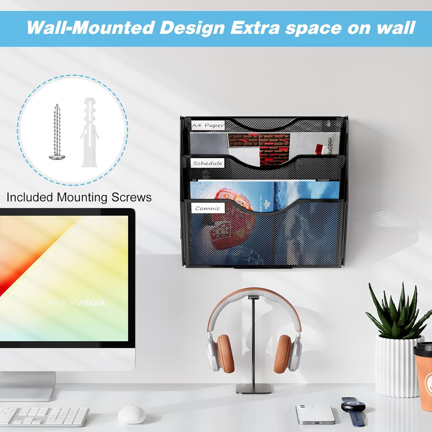 Solinxe Wall Hanging File Holder 3 Tier Wall Mounted Paper Organizer Magazine File Holder Storage Organizer, Black image number 1