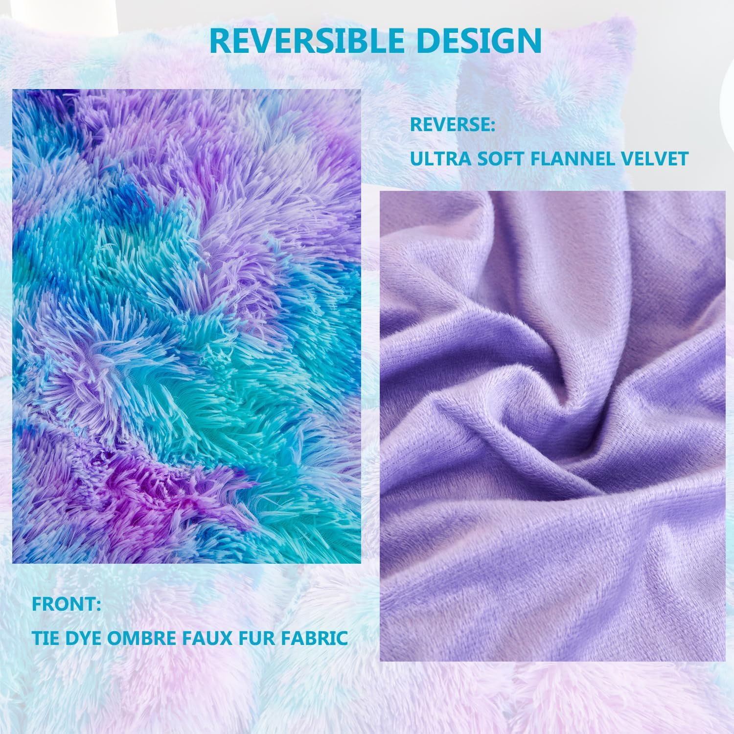 SUCSES Plush Shaggy Bedding Duvet Cover Set for Teens Girls, 3Pcs Faux Fur Fluffy Velvet Comforter Cover Set, Blue Purple Tie Dye Furry Bed Sets for Kids Teens (Blue Purple, Full) image number 3