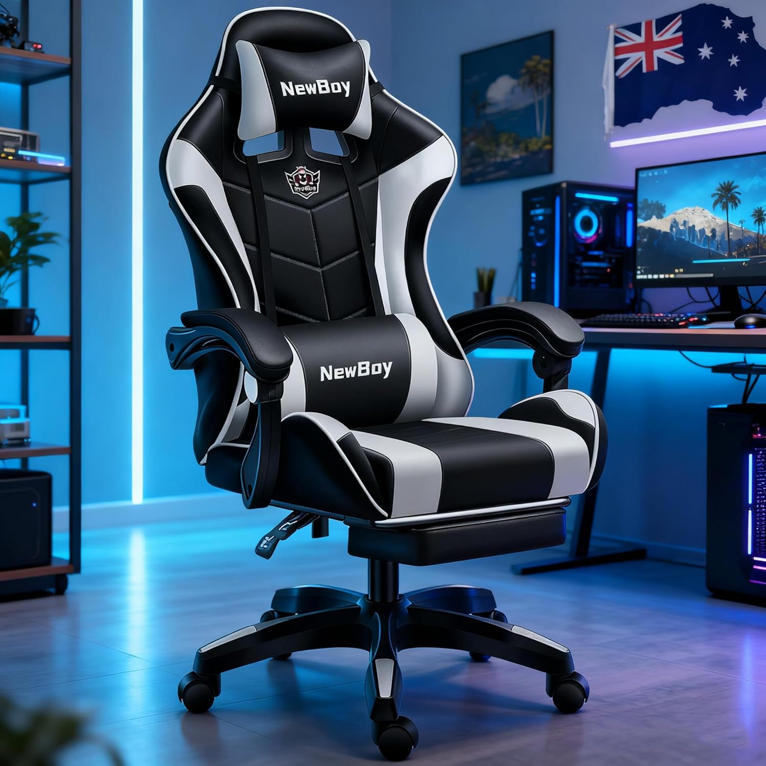 Gaming Chair, Ergonomic Office Chair - PU Leather Reclining Chair with Footrest, Headrest and Lumbar Support, Height-Adjustable, Suitable for Gaming/Office Scenarios (Model 13, Black and White) image number 6