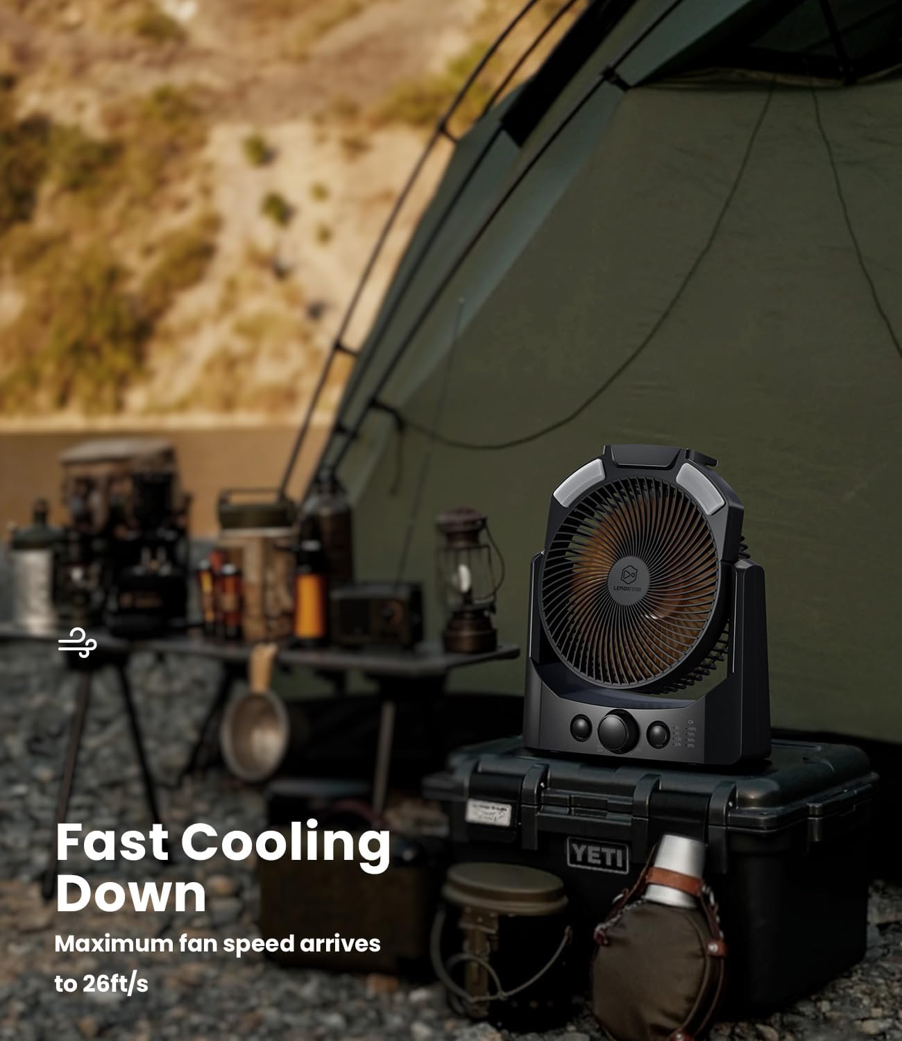 Camping Fan with LED Lantern, 8 Inch D-Cell Battery Operated Desk Fan with Timer, High Velocity Stepless Speed Control, Quiet,Sos Light, 180&deg; Rotation USB Fan for Outdoor, Hurricane, Emergency image number 3