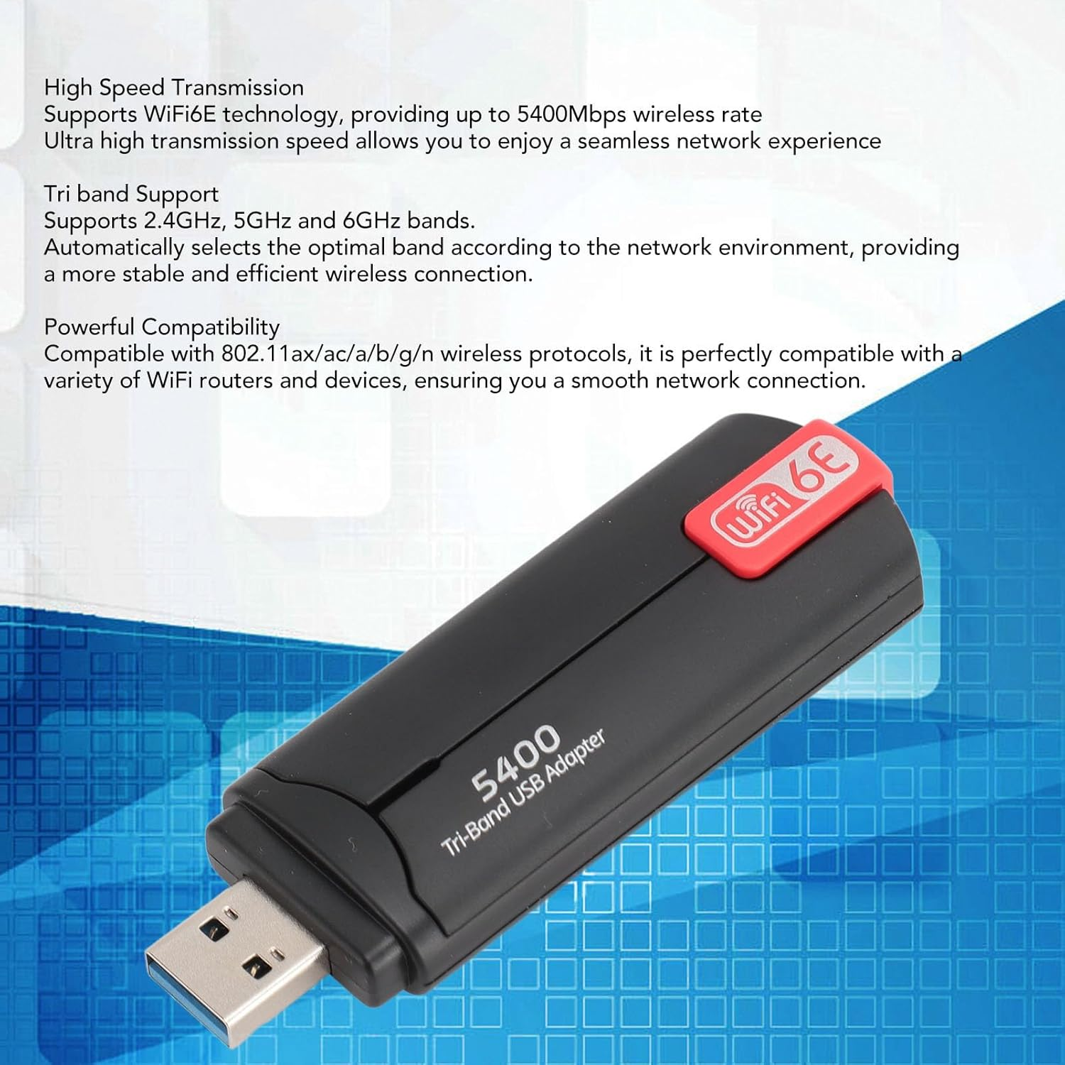 Ultra High Speed ​​5400Mbit/S Wifi6E Band USB Network Adapter for Desktop -Laptop -PC, Supports 2.4 G 5G 6G, Compatible with 10/11 image number 2