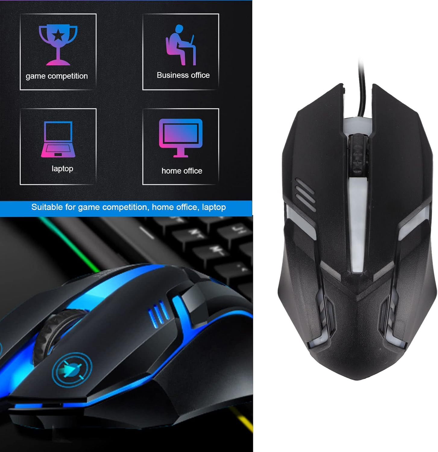 RGB Gaming Mouse, 1600 DPI USB Wired Computer Mice, 3D Scroll Wheel, Adjustable DPI, Ergonomic Gamer Mouse for for 8, for 7, for Vista or for XP (Black) image number 4