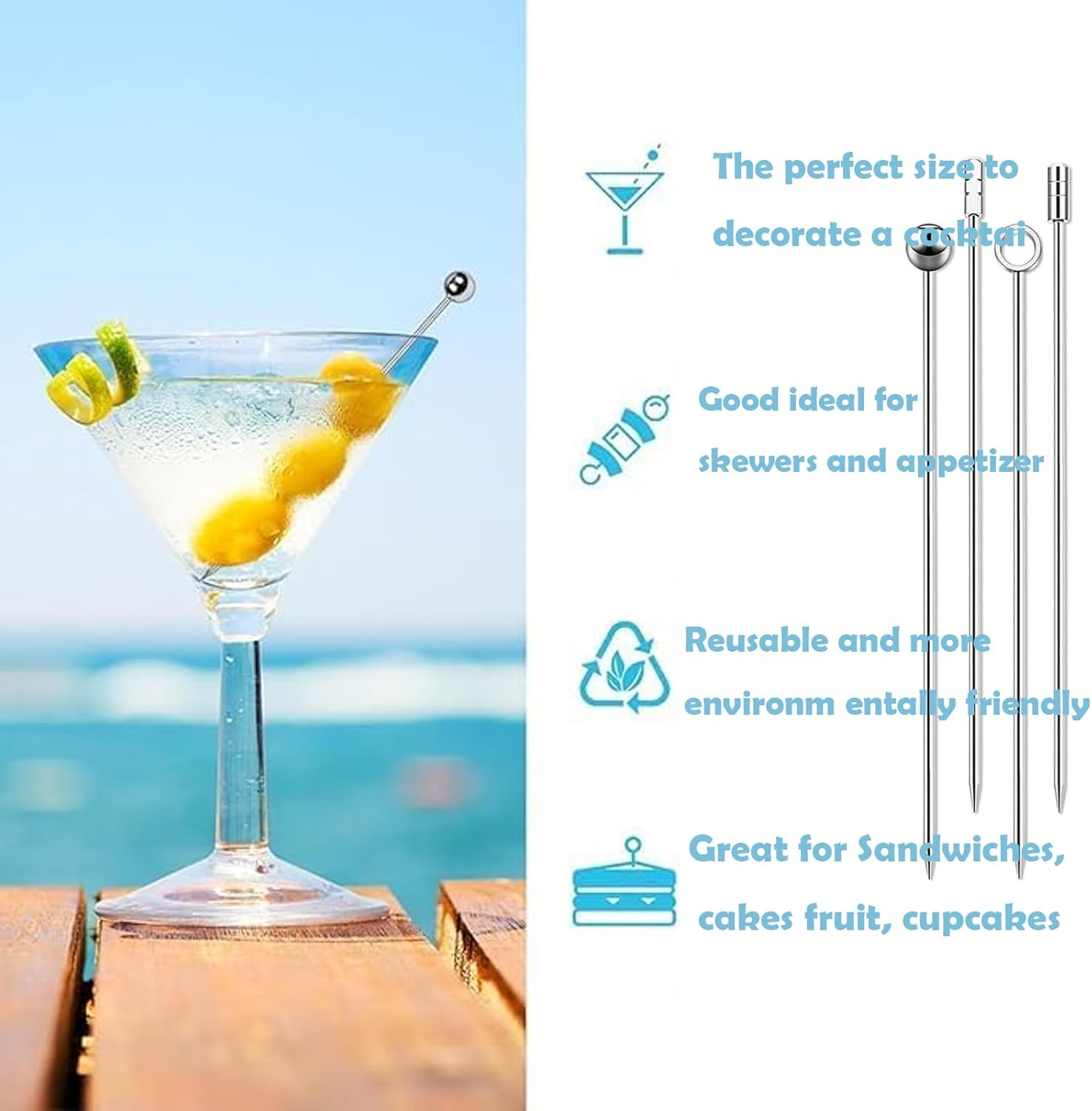 20Pcs Stainless Steel Cocktail Picks,4.3-Inch Reusable Fruit Bar,Metal Cocktail Party Toothpicks,Suitable for Fruit,Appetizers,Club Sandwiches,Bars or Parties (Silver)