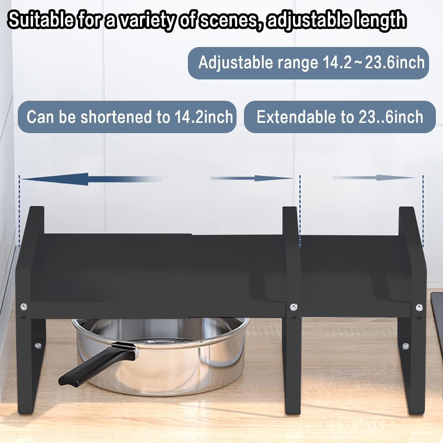 MAGGHEVI Expandable Cabinet Shelf Organizer Storage Rack，Cupboard Stand Spice Rack，Pantry Shelves Space Riser for Kitchen Bathroom，Metal Plate Heavy Duty Nonslip (Black) - Black image number 2