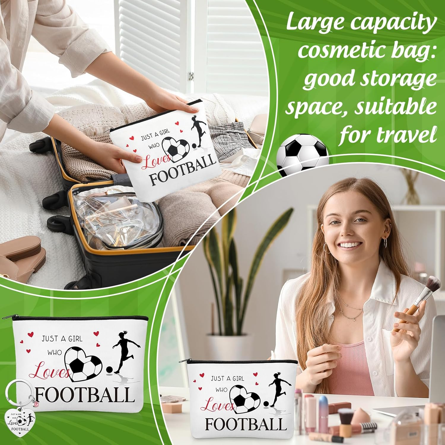 Xuniea 2 Pcs Football Gifts for Women Include Football Makeup Bag and Keyring Soccer Gifts Stuff for Birthday Christmas Party image number 1