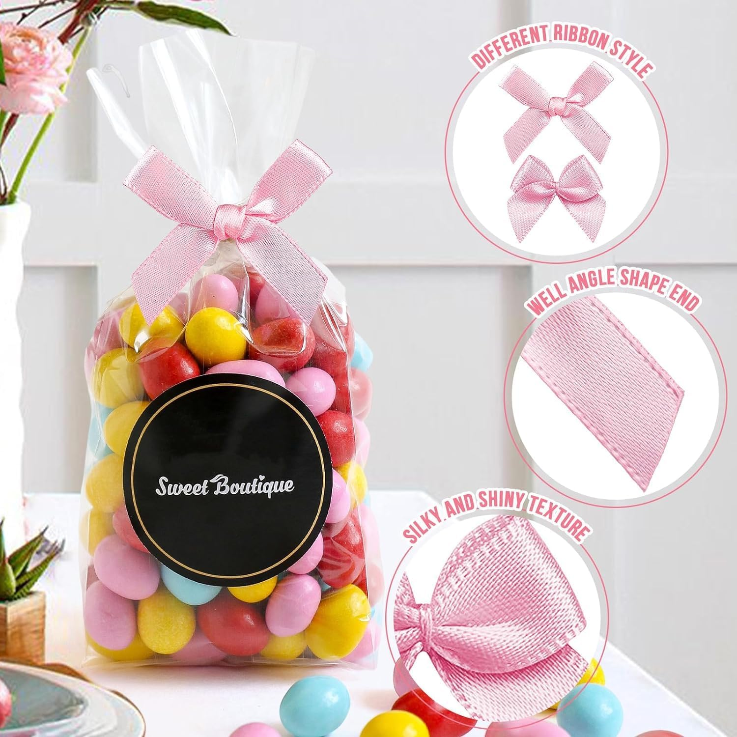 300Pcs Mini Pink Ribbon Bows, Small Pre-Tied Bows for Gift Wrapping, 1.5 Inch Satin Ribbon Bow Flowers for DIY Crafts, Birthday Party, Wedding Decor image number 4