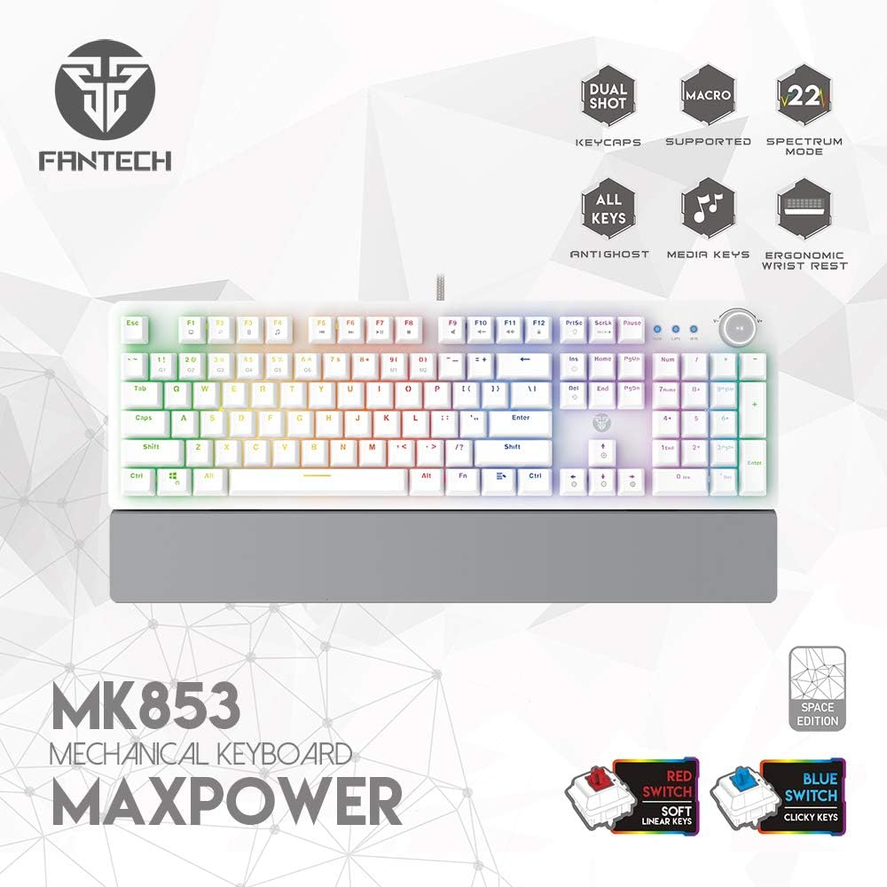 Fantech MK853 Gaming Mechanical Keyboard 104 Keys USB Wired RGB Backlight with Multi-Function Scroll with Ergonomic Wrist Pad (White Color-Red Switch) image number 1