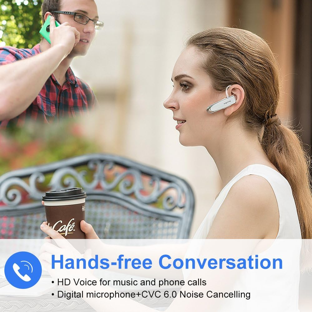 Bluetooth Headset Handsfree Wireless Bluetooth Earpiece New Bee Driving Earphone with Noise Cancelling Microphone 24 Hrs Talk Time Business In-Ear Headphones Earbuds for Apple Iphone X 8 7 6 6S, Samsung Galaxy, HTC, LG, SONY, PC, Laptop (White)