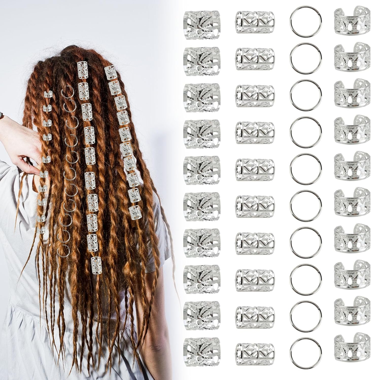 Pack of 80 Silver Dreadlocks Jewellery Viking Hair Accessories, Cuff Clips for Dreadlock Accessories, Adjustable Cuffs, Hair Beads, Hair Spirals, for Dreadlocks for Men, Women, Girls and Boys Braids image number 6