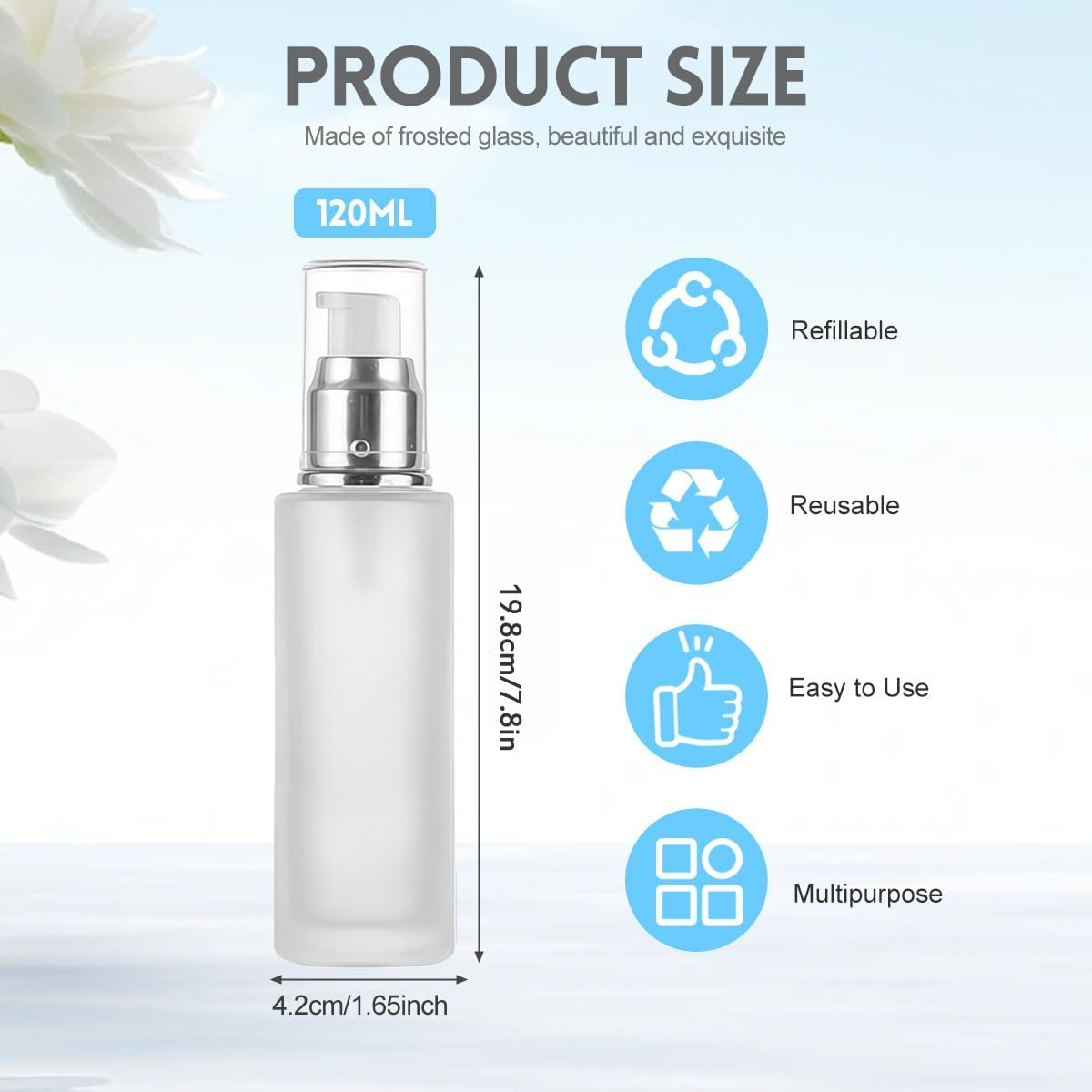 2Pcs 120Ml/4Oz Empty Clear Frosted Glass Lotion Pump Dispenser Bottle Refillable Cosmetic Cream Container Travel Toiletries Pump Dispenser Vials for Cream Emulsion Essencial Oil image number 4