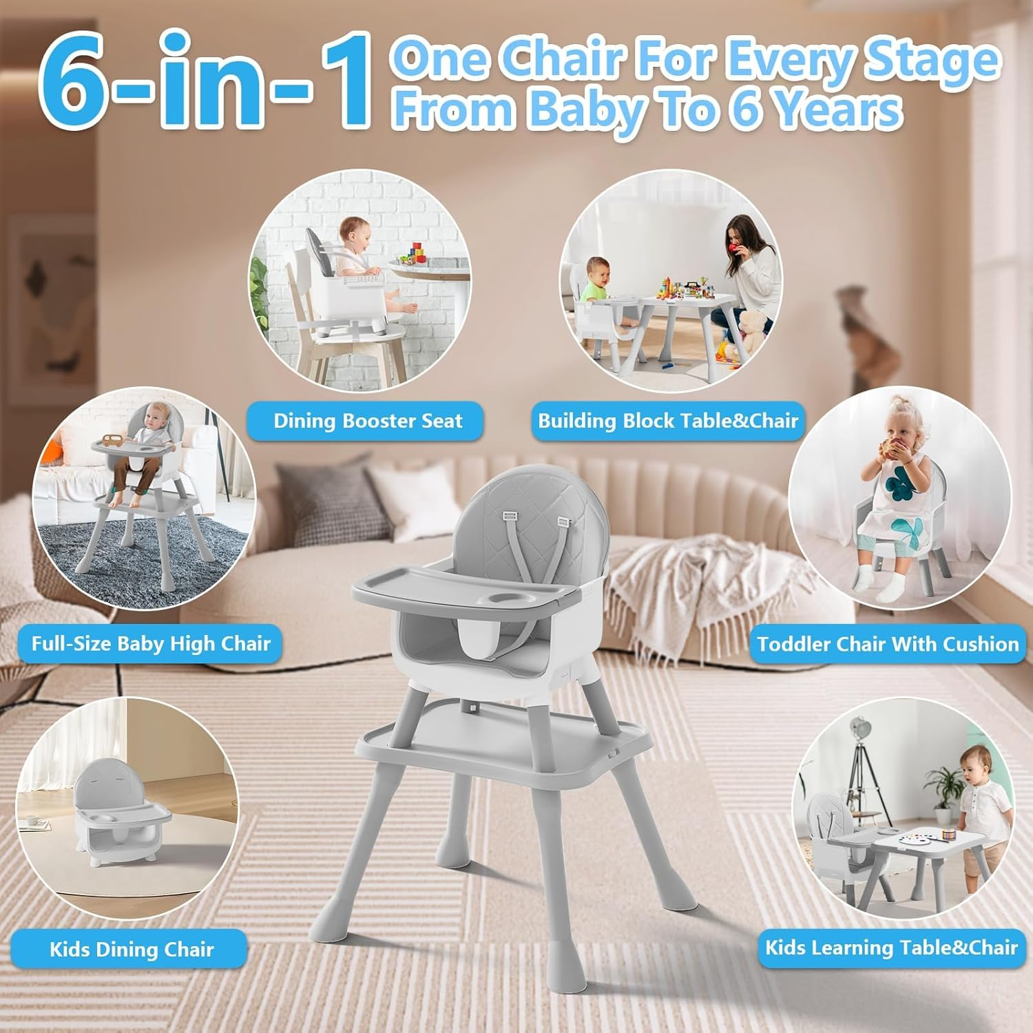 6 in 1 Baby High Chair for Babies and Toddlers - Highchair Converts to Stool, Infant Dining Booster Seat, Toddler Chair, Building Block Table, Activity Table and Desk and Chair image number 1