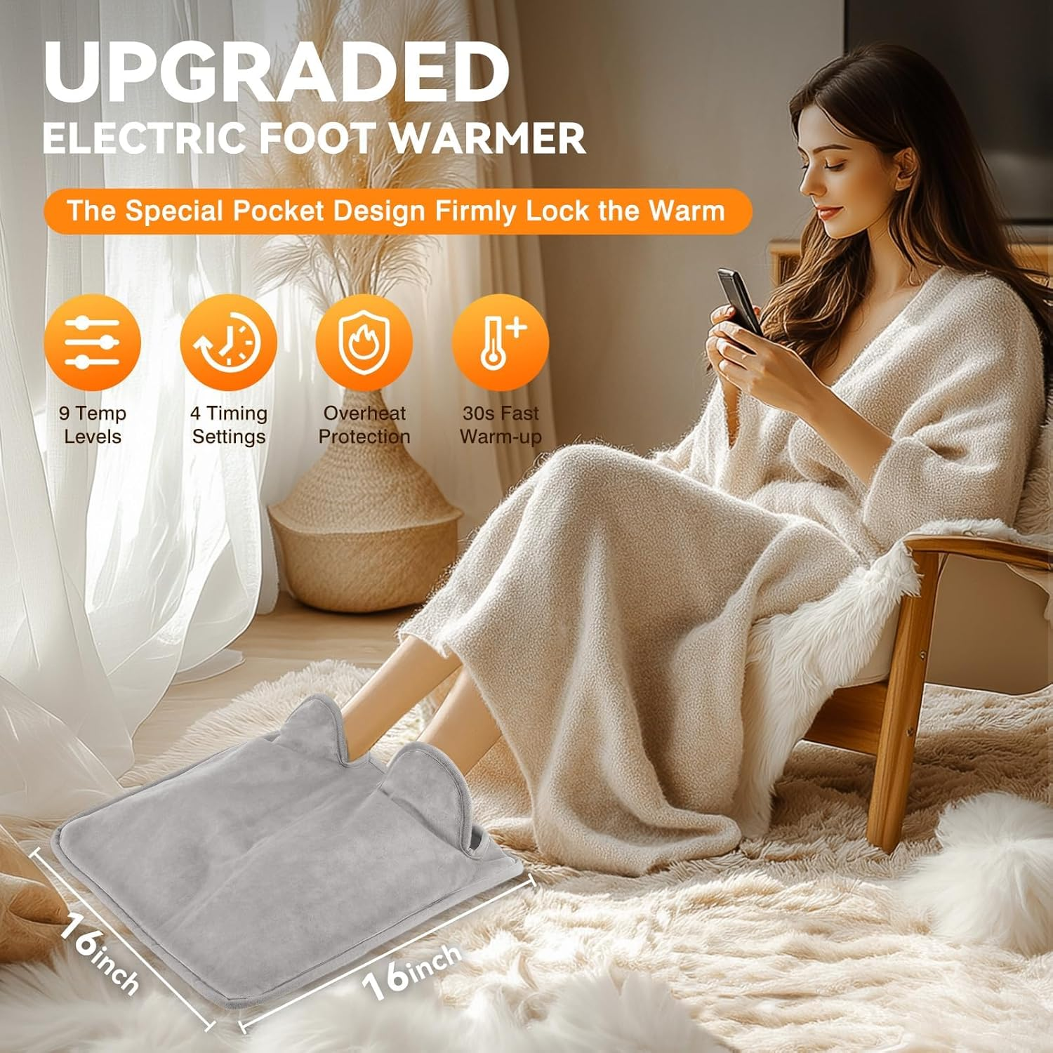 Sika Deer Electric Foot Warmer, Heated Feet Warmer for Bed, Portable Foot Heating Pad under Desk Foot Warmer with 9 Heating Levels & 4 Time Settings, Washable & Fast Heating Pad Foot Warmer.