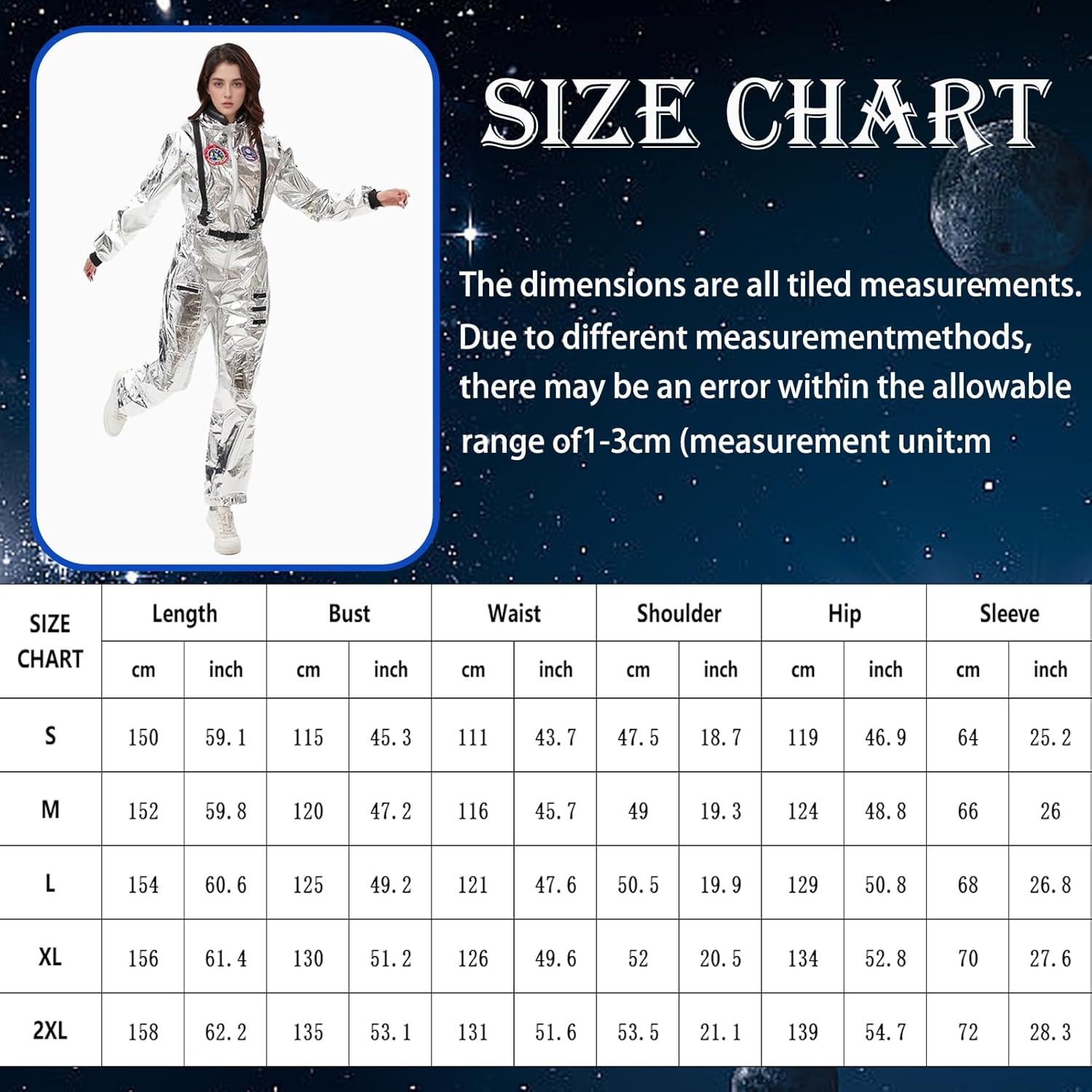 Men'S Astronaut Costume Jumpsuit Adult Shiny Silver Space Suit with Embroidered Patches and Pockets Halloween Spaceman Costume