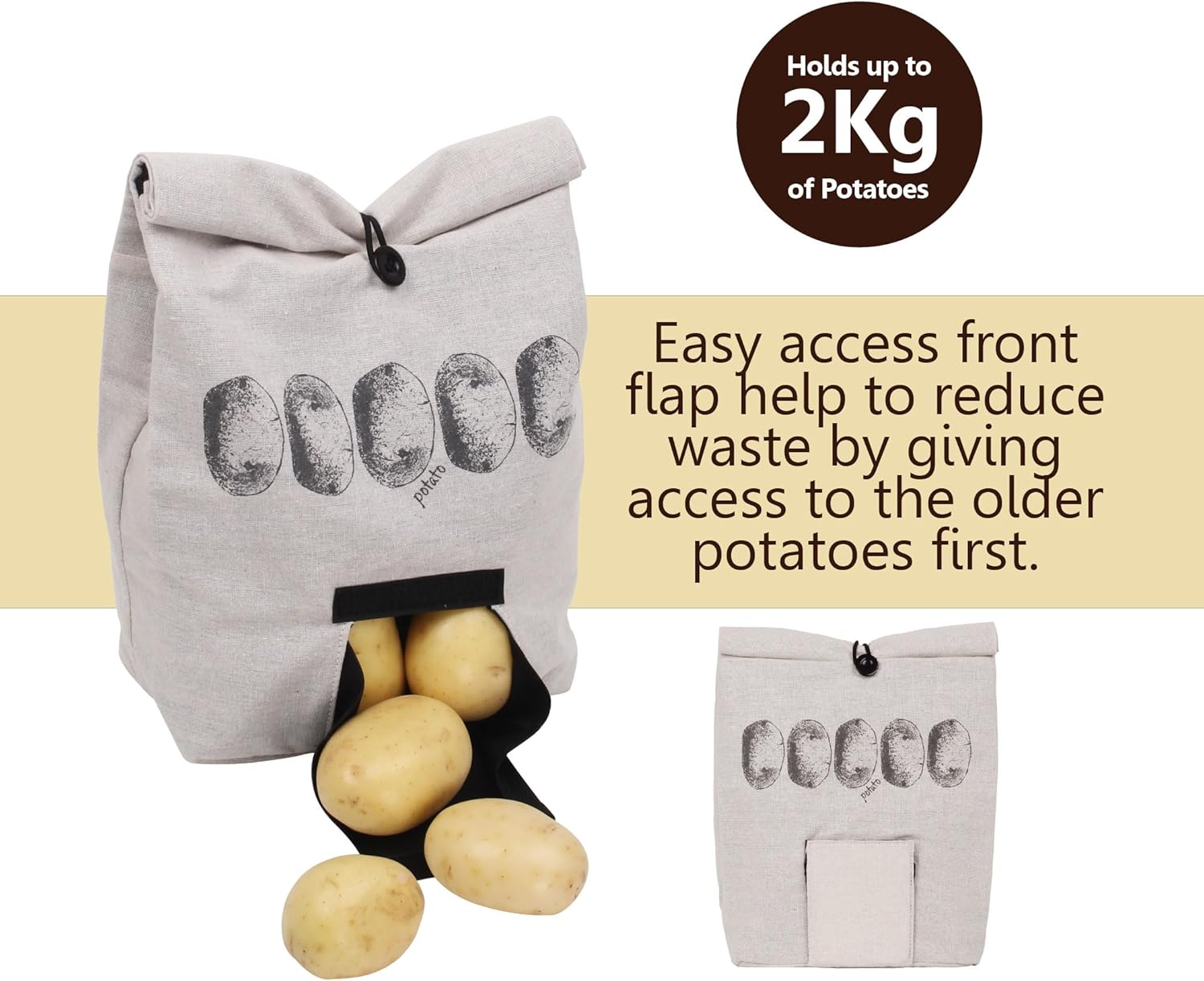 Eco Basics Potato Bag &ndash; Breathable Linen Look with Blackout Lining, Roll over Top, Button Tie, Easy Access Flap, Reusable Storage Solution for Potatoes & Root Vegetables image number 5