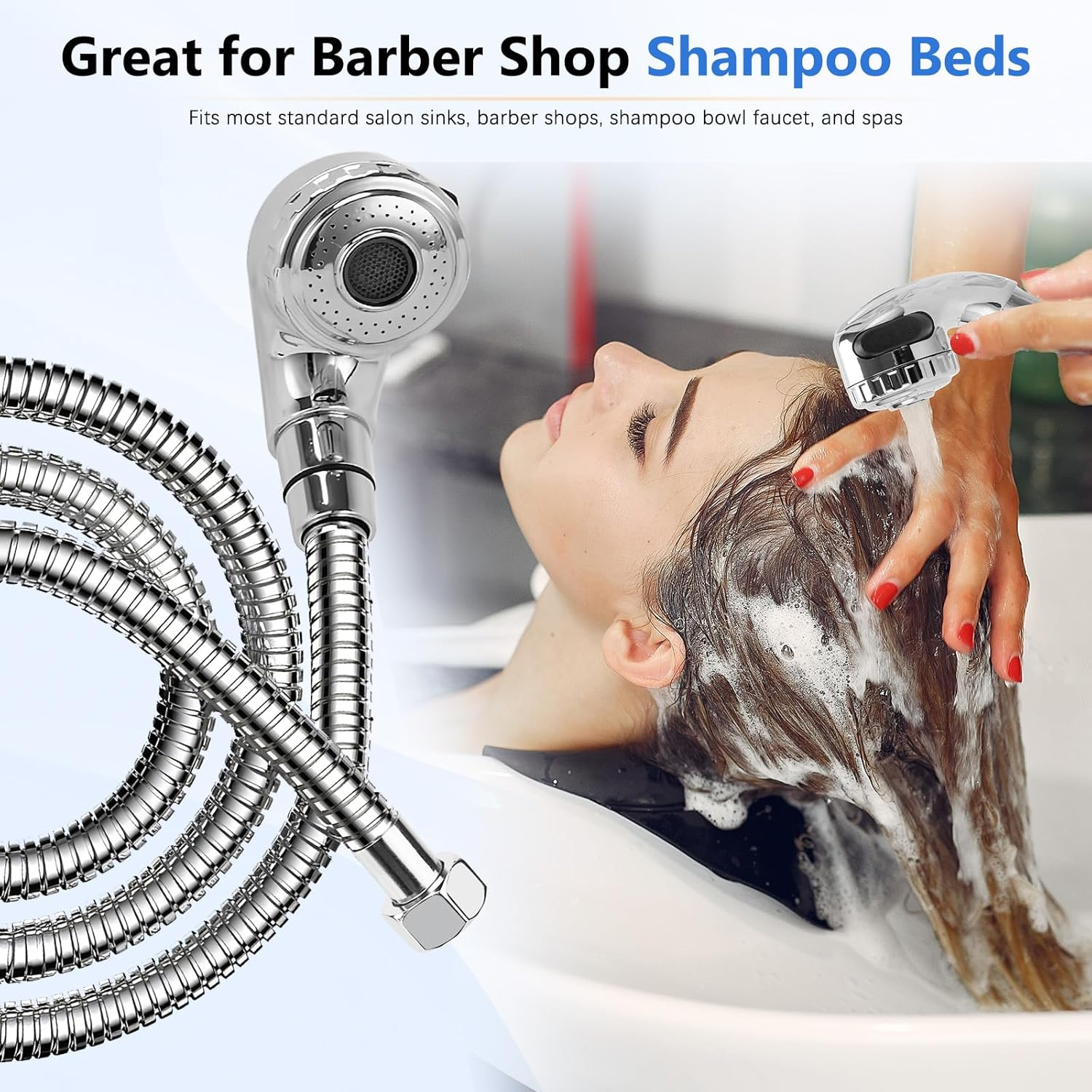 ZKDAUSDO 1/2" Nut Shampoo Bowl Hose Sprayer Kit with Stainless Steel Salon Sink Hose Replacement for Beauty Salon Barber Shop Faucet Vacuum Breaker Kit, Dual-Mode Shampoo Bowl Sprayer Head