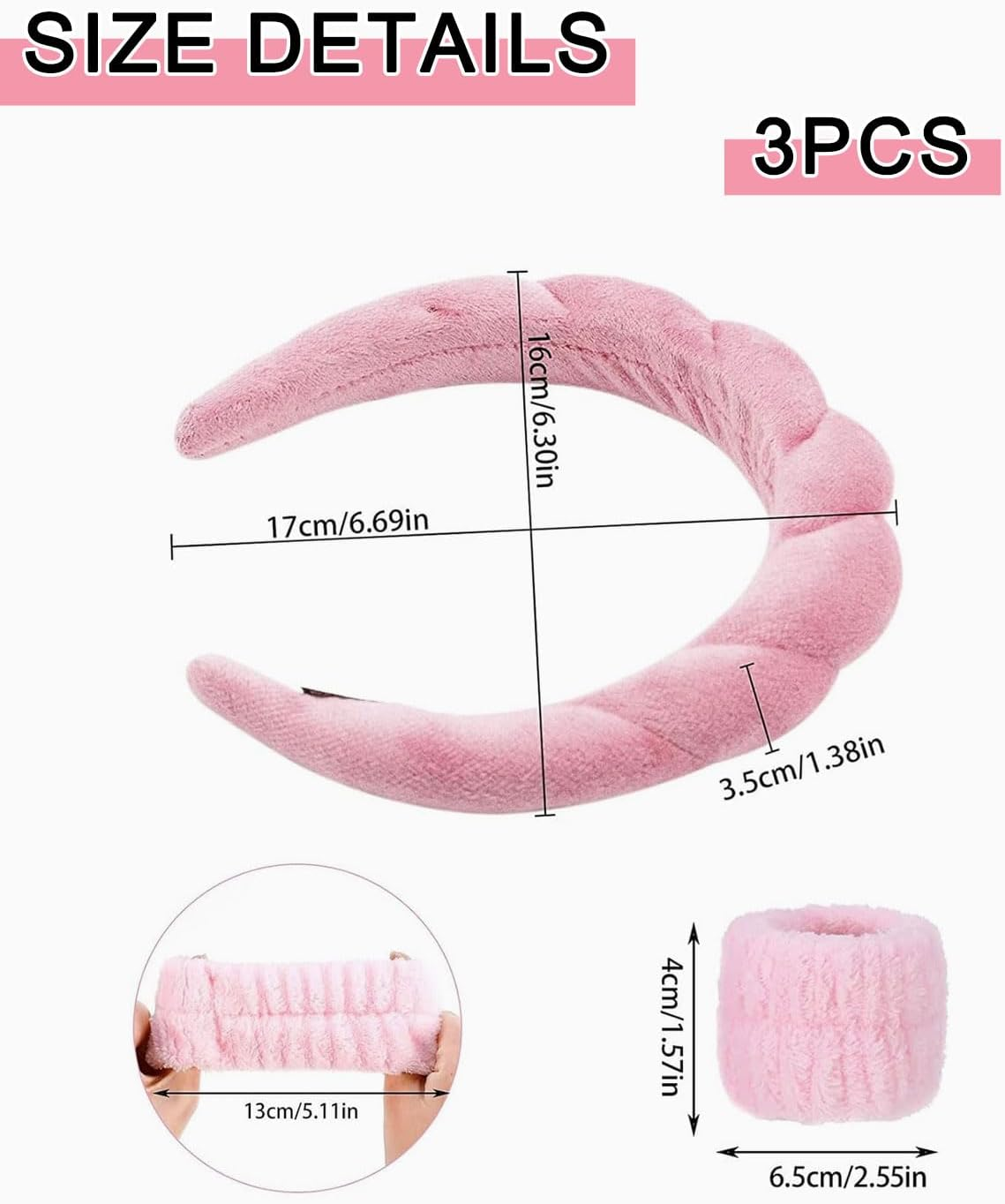 TPZORJX Sponge Headband Bracelet Sets for Washing Face Makeup Headbands for Women Girls Skin Care Removal Spa Yoga Sports Shower Headband Terry Towel Fabric Hair Band - Pink image number 2
