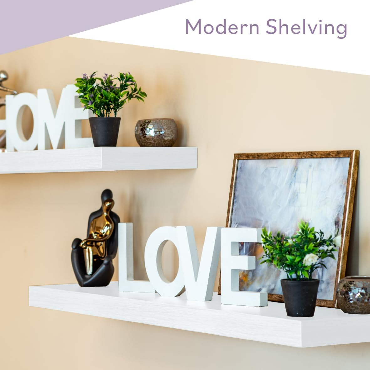 Anika Floating Shelf / 3 Separate Sizes & 4 Colour Options / 3.8Cm Thick Hollowboard/Bedroom/Kitchen/Living Room/Office (White, 60Cm) image number 2