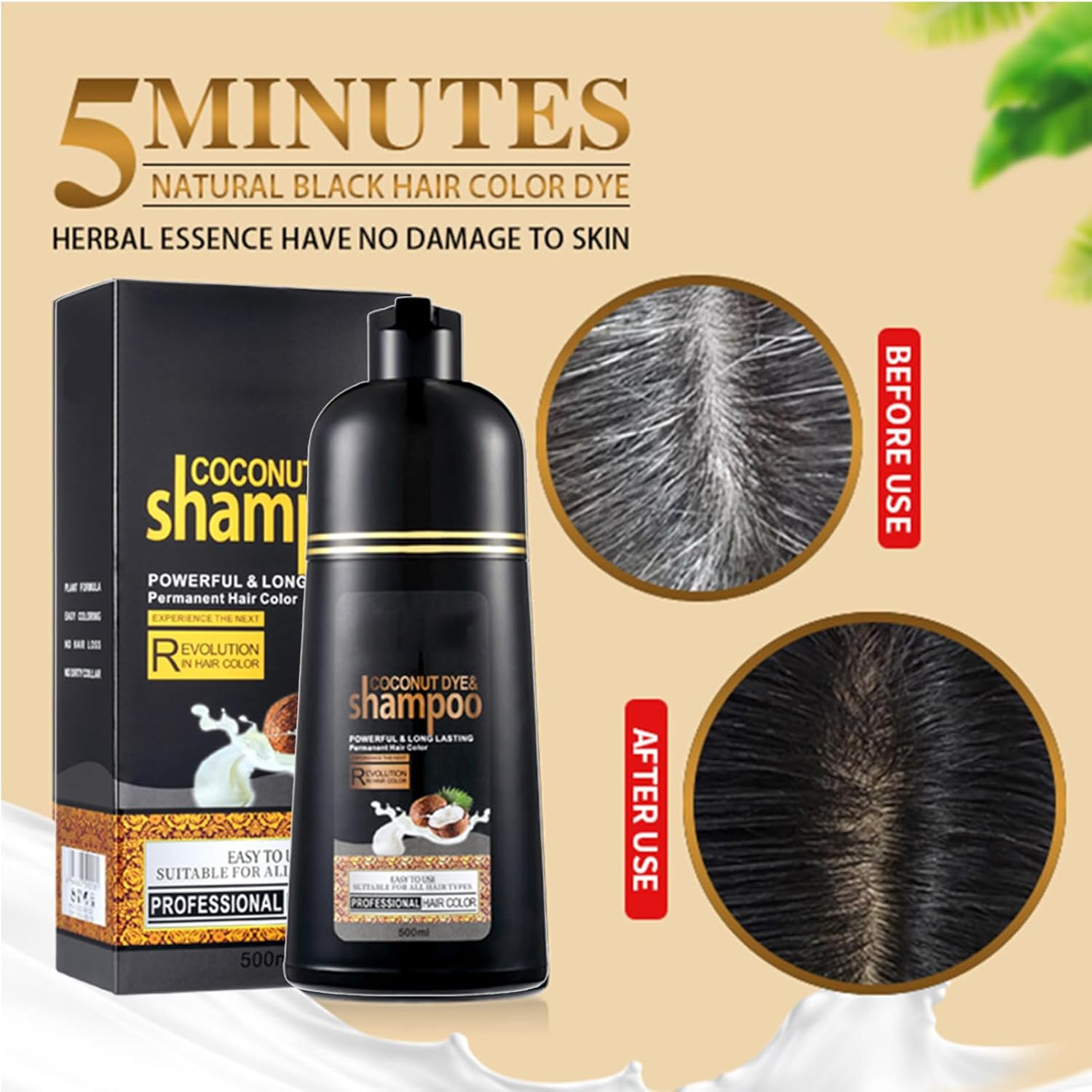 Instant Black Hair Dye Shampoo,Plant Natural Coconuts Oil Organic Hair Dye 100 Black Coverage Quick Coloring Long Lasting Color Shampoo Unisex 500Ml