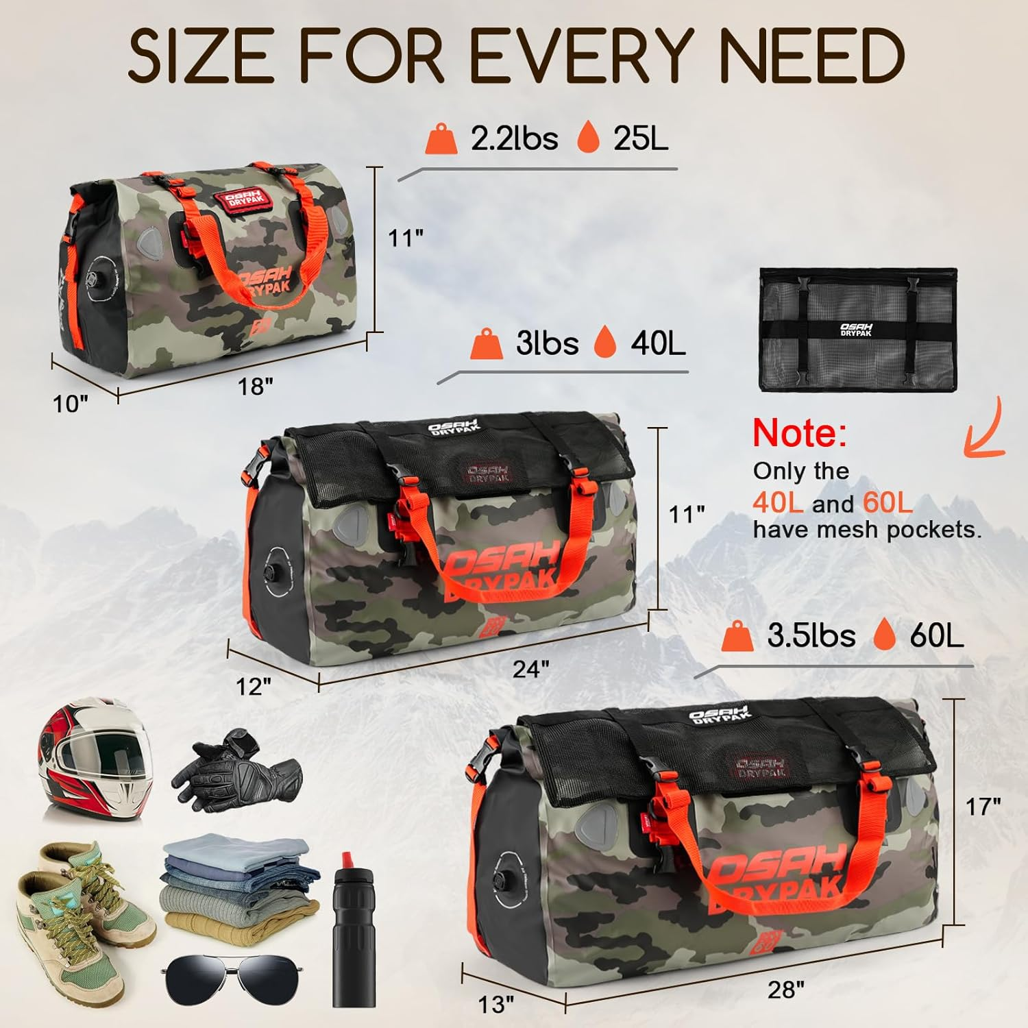 Waterproof Duffel Bag - Motorcycle Dry Bag Tail Bag with Large Storage Space, Waterproof Luggage Duffle Bags with Outer Mesh Zipper Pocket for Camping, Kayaking, Fishing & Traveling image number 2