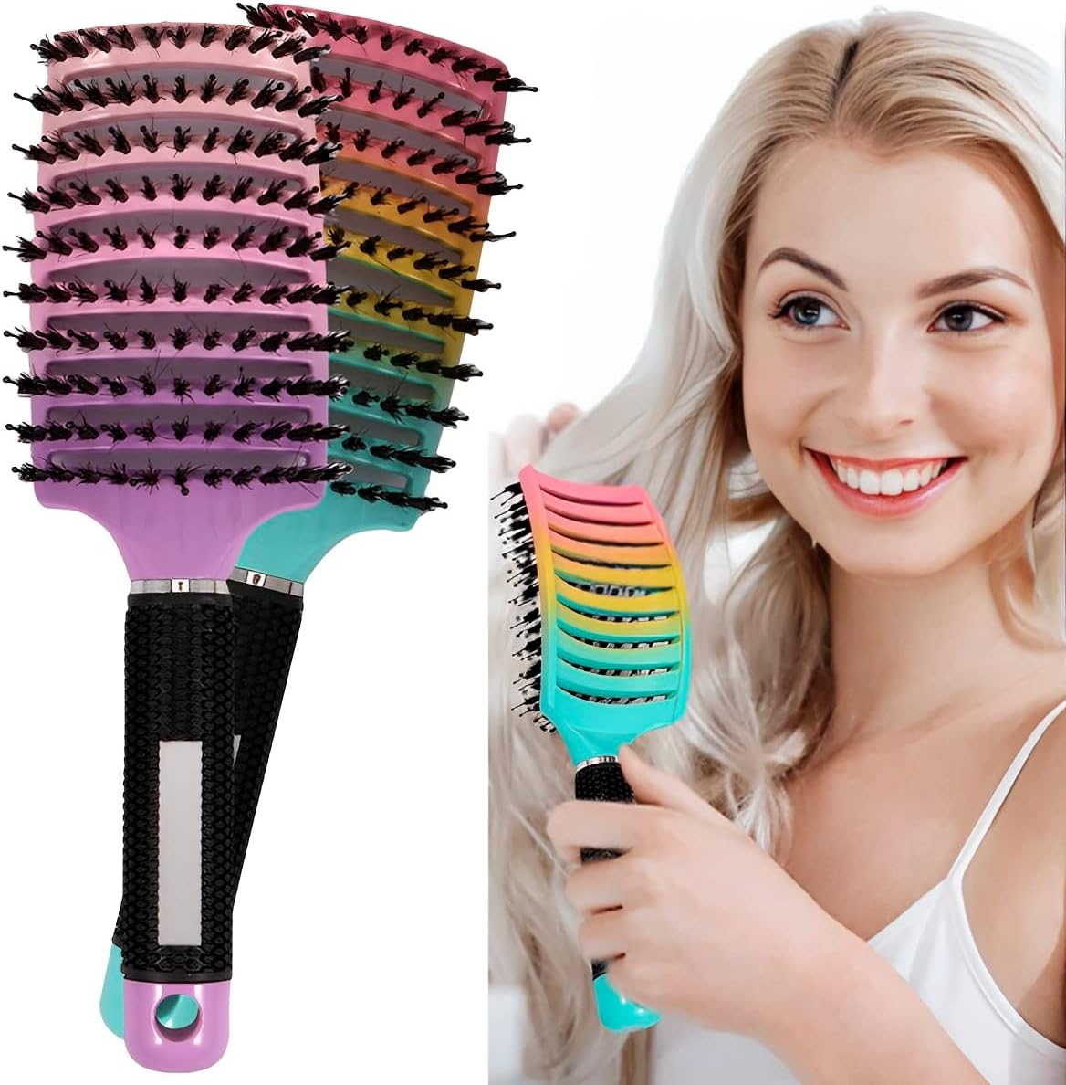 Hnvdkln 2Pcs Detangling Brush, Boar Bristles Hair Brush, Anti-Slip Curved Hair Brush, Lightweight Detangling Brush for Wet and Dry Hair image number 1