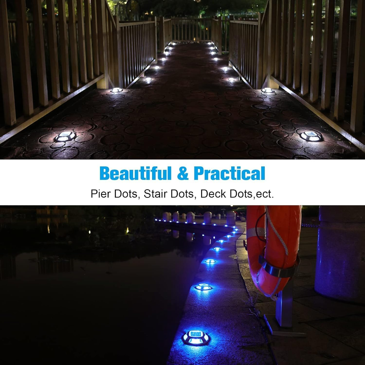 2 Pack Solar Deck Lights | Solar Driveway Lights with 2 Color Modes, IP68 Waterproof, Outdoor LED Dock Marine Marker for Step, Sidewalk, Pathway, Patio