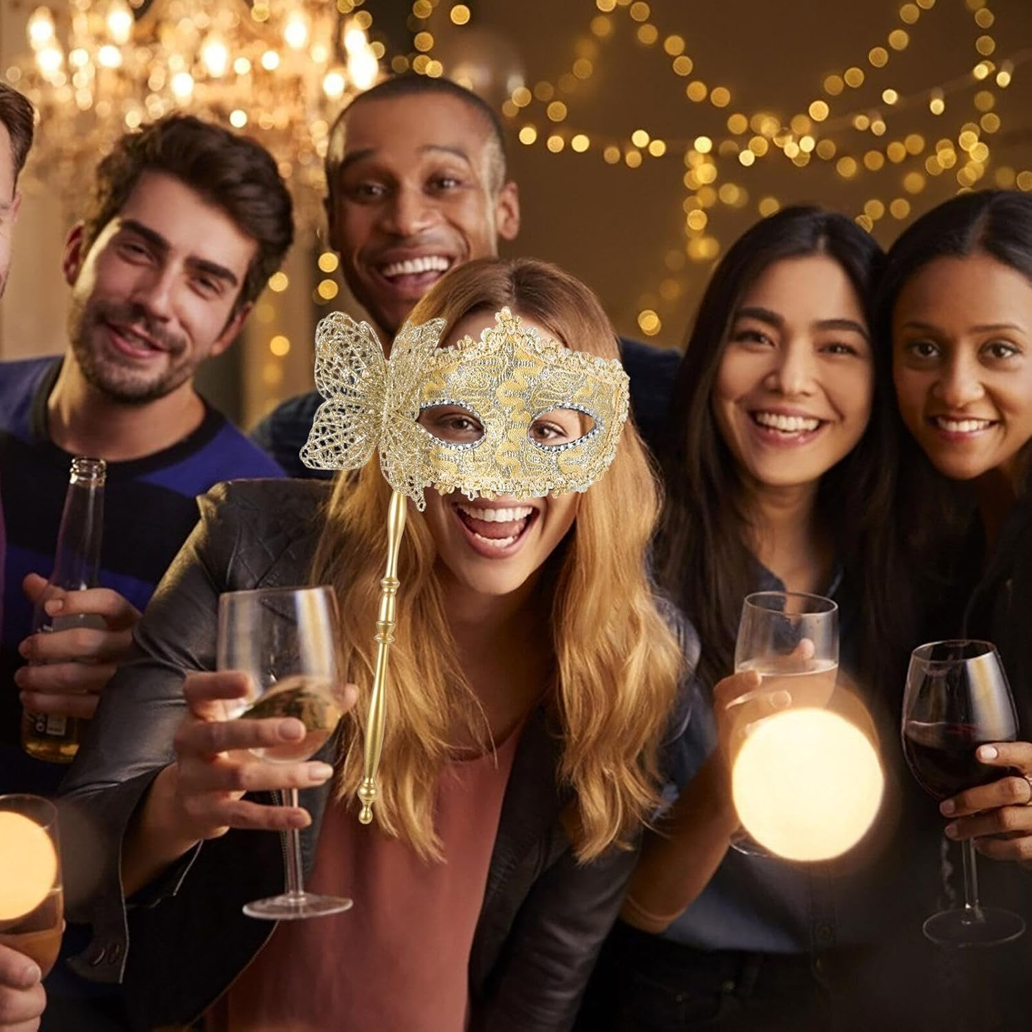 NUOBESTY Masquerade Mask with Stick Venetian Halloween Costume Mask Mardi Gras Mask for Womens Cosplay(Golden) image number 5