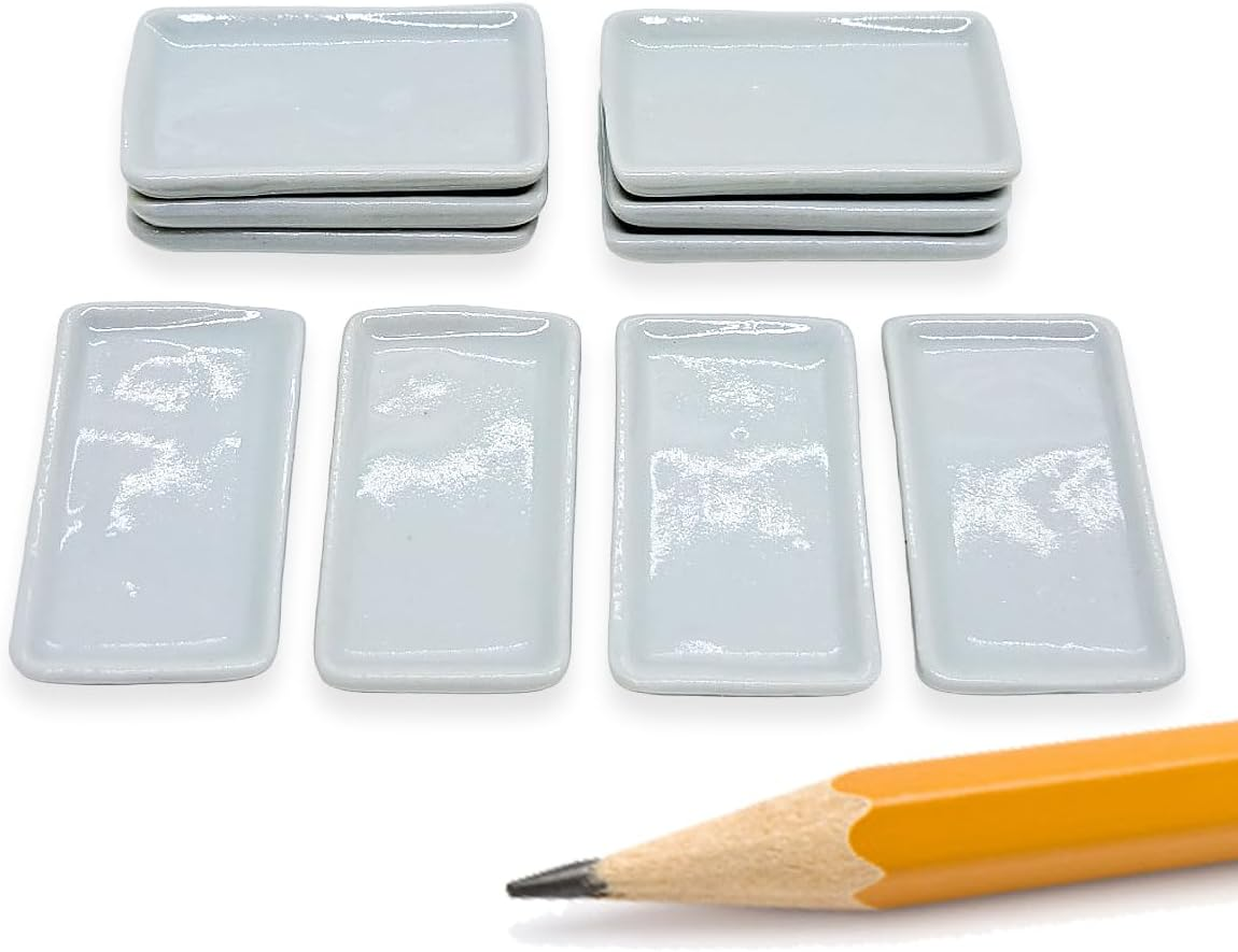 Changthai Design Very Tiny 1&frac14;" Long White Rectangle Ceramic Serving Tray 10 Pieces Set - Miniature Tableware Plate Crockery Cutlery Kitchenware Handmade Mini Porcelain Decorative Collectible Gifts