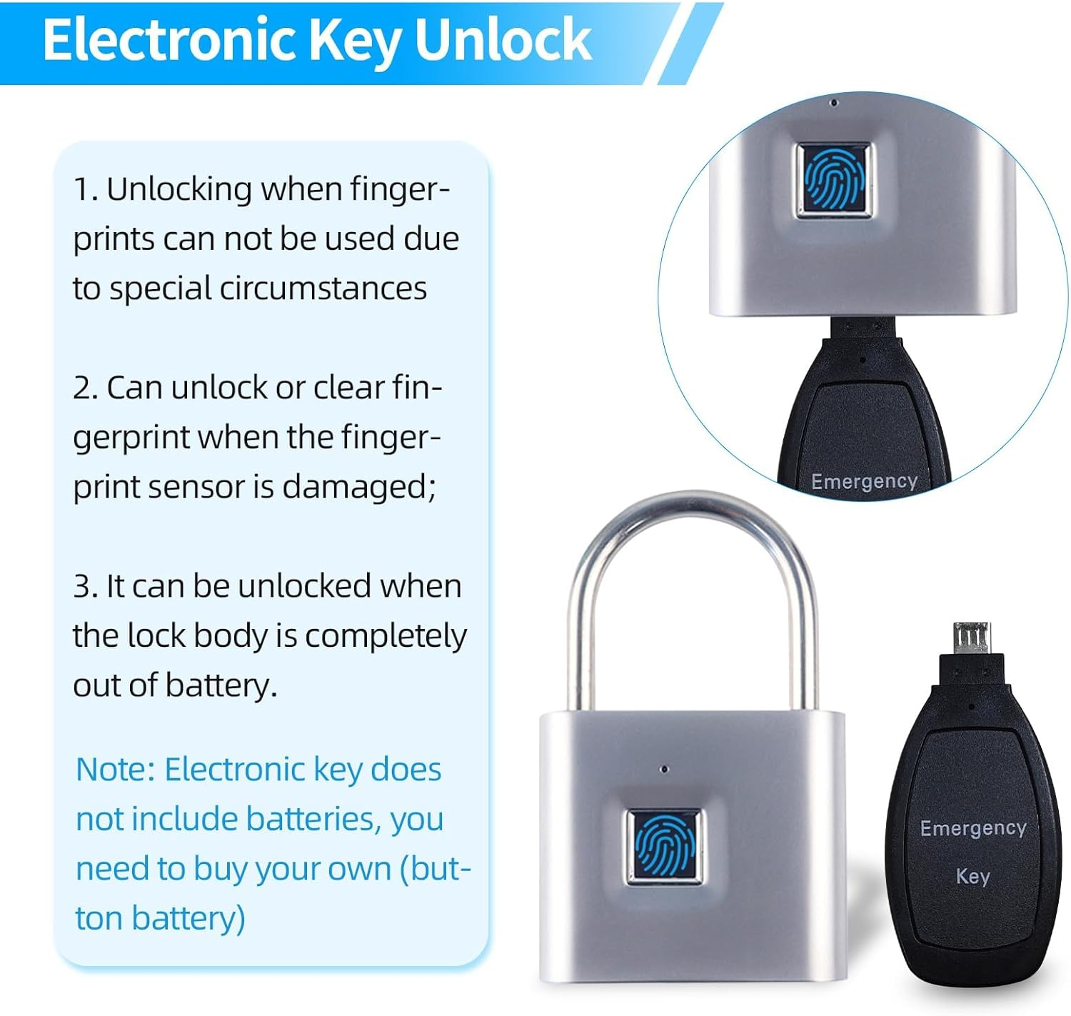 Tenixlox Fingerprint Padlock with Emergency Key, IP66 Waterproof Outdoor Indoor Padlock, Smart Lock for Warehouses, Gym, Schools, Homes, Office Cabinets image number 1